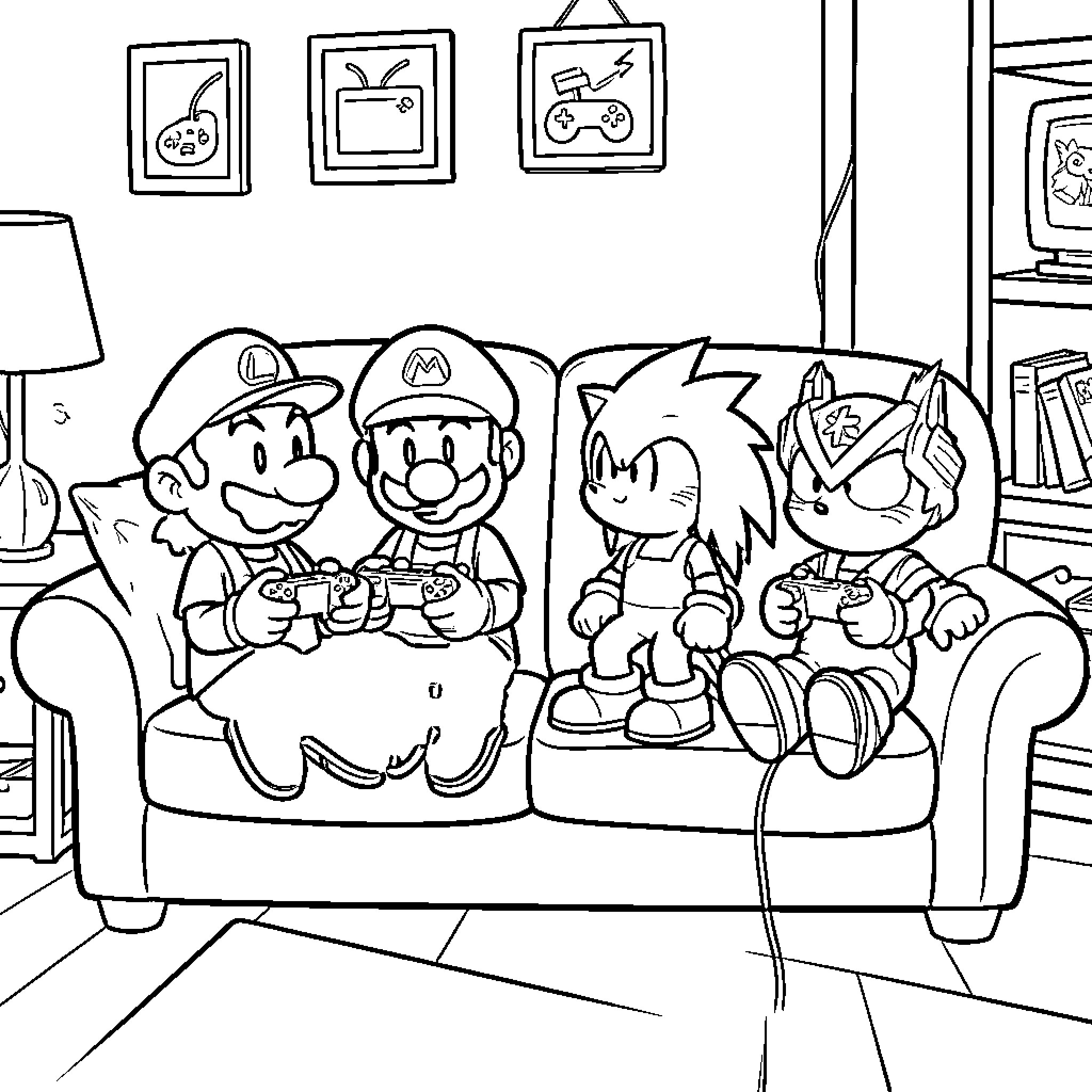 Cuphead characters playing video games on a sofa Coloring Page (free black-and-white line drawing printable PDF for all, from beginners to advanced learners, including children, teens, adults, and seniors)