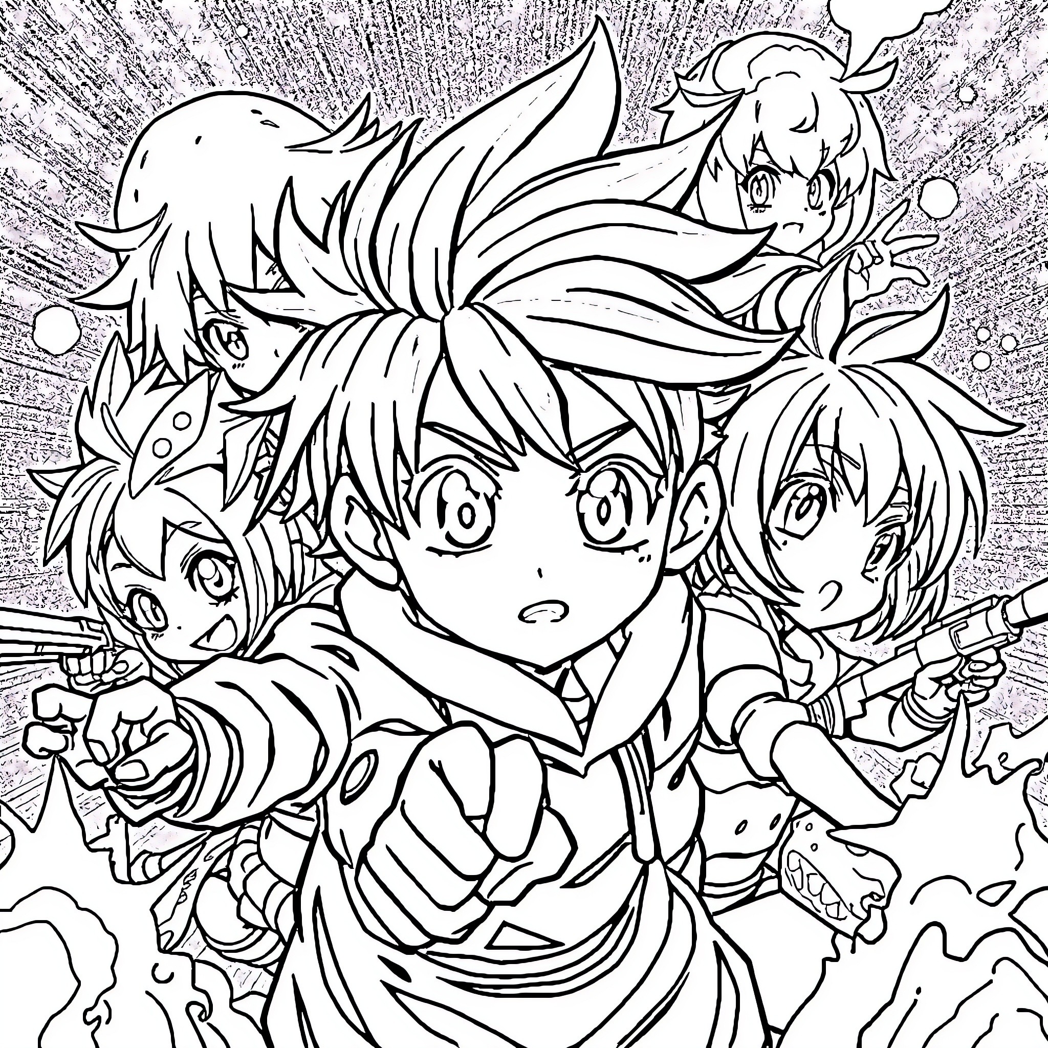 Anime Heroes in Action-Packed Scene Coloring Page (free black-and-white line drawing printable PDF for all, from beginners to advanced learners, including children, teens, adults, and seniors)