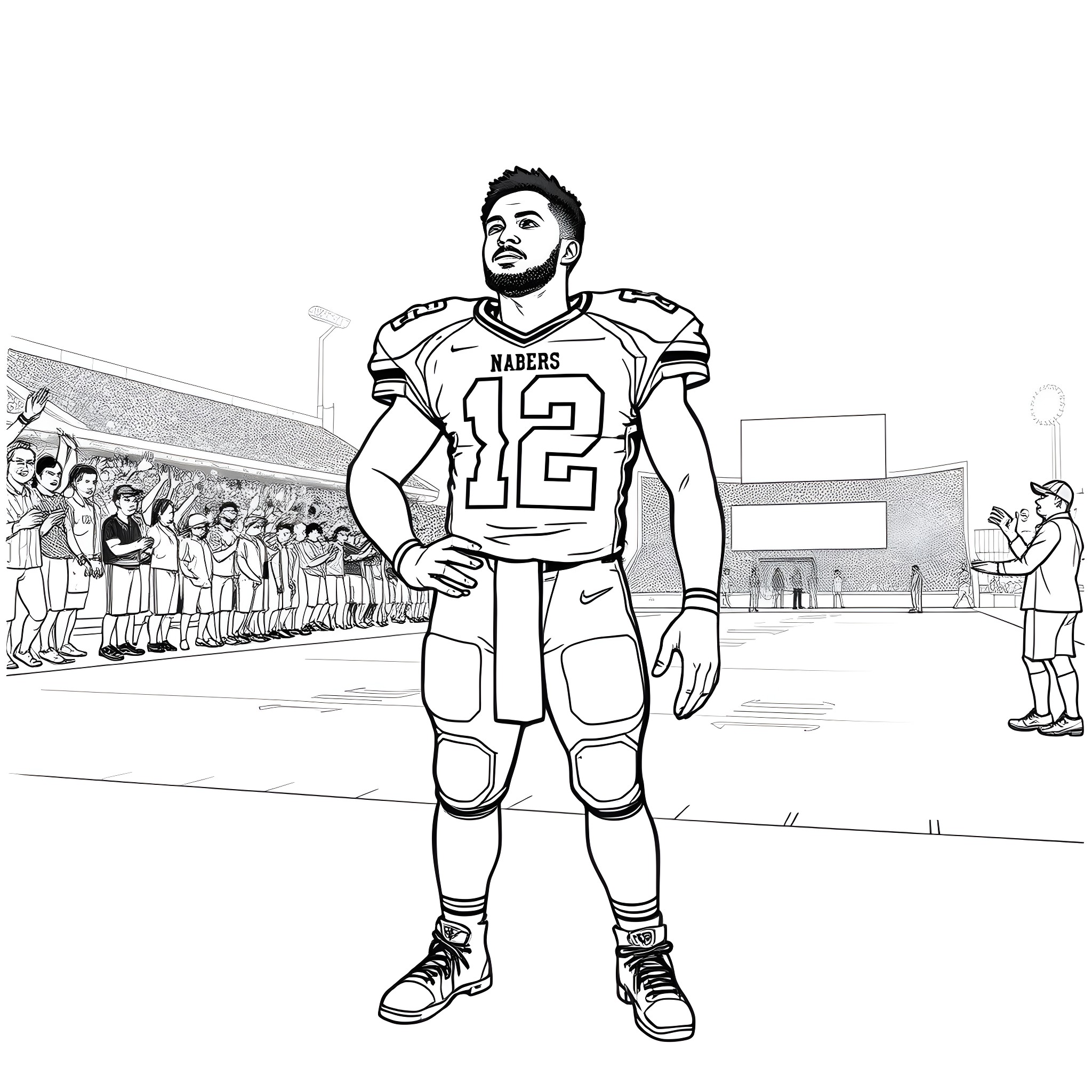 Malik's Triumphant Football Moment on the Field Coloring Page (free black-and-white line drawing printable PDF for all, from beginners to advanced learners, including children, teens, adults, and seniors)