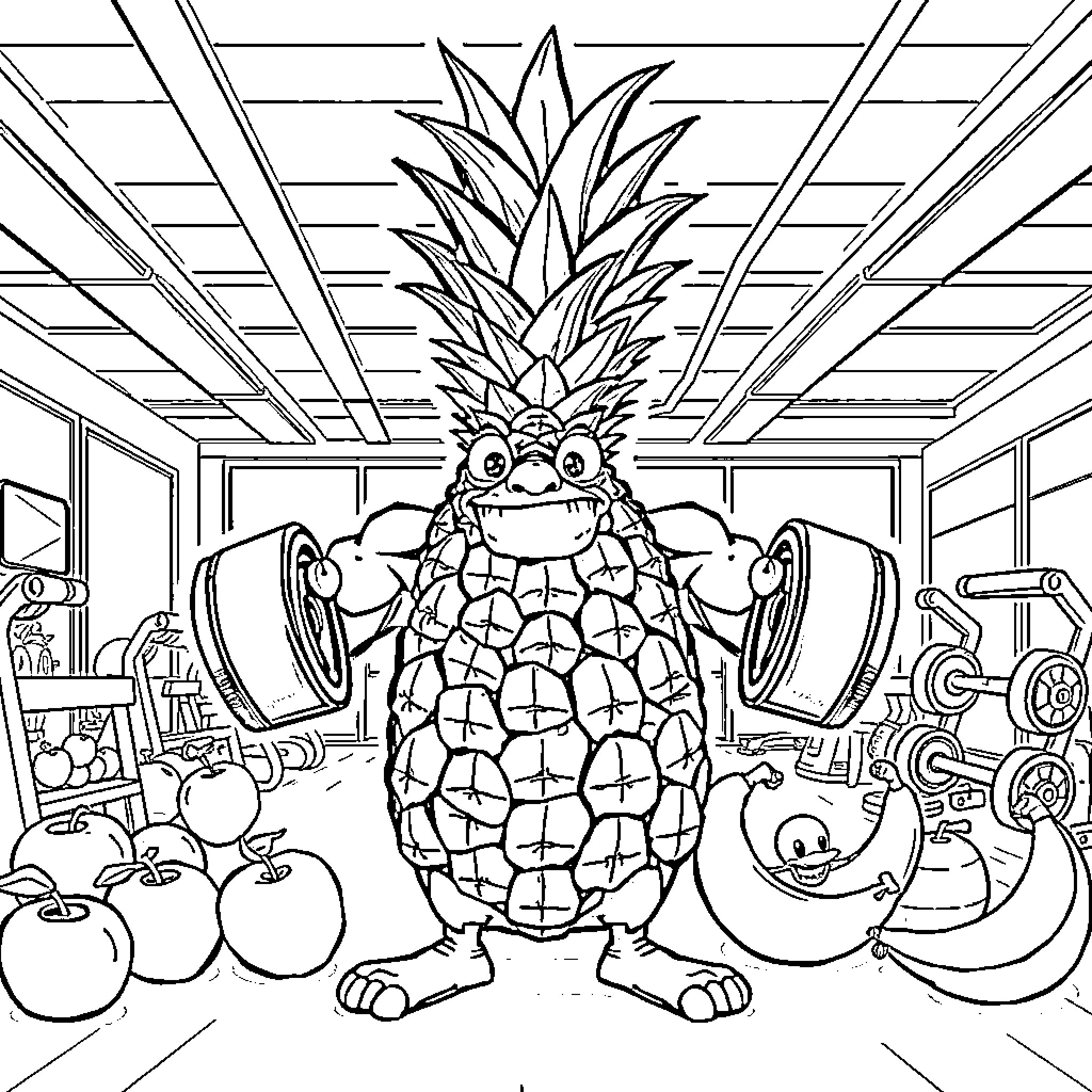Pineapple character in a whimsical kitchen setting Coloring Page (free black-and-white line drawing printable PDF for all, from beginners to advanced learners, including children, teens, adults, and seniors)