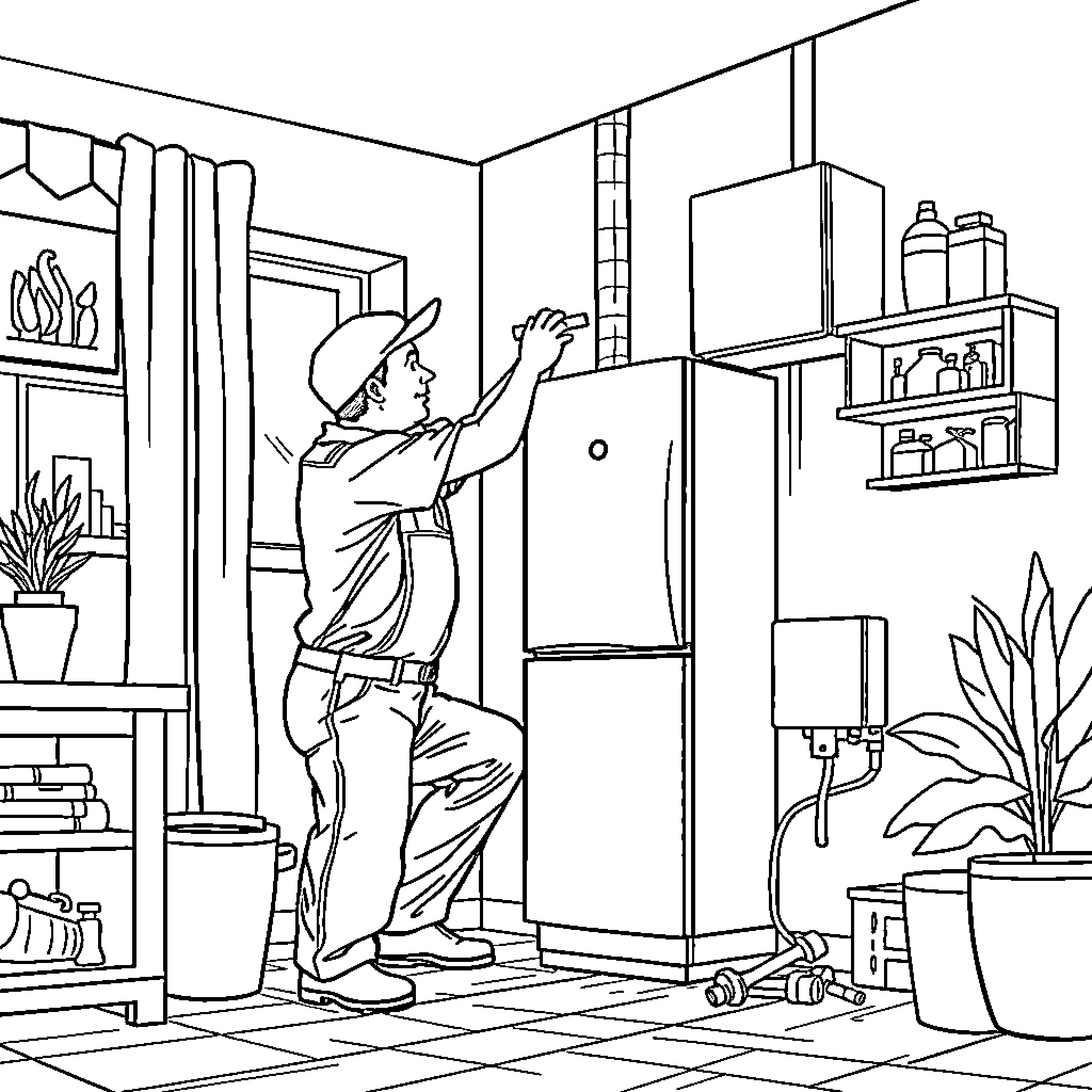 Plumber repairing appliances in a cluttered workshop Coloring Page (free black-and-white line drawing printable PDF for all, from beginners to advanced learners, including children, teens, adults, and seniors)