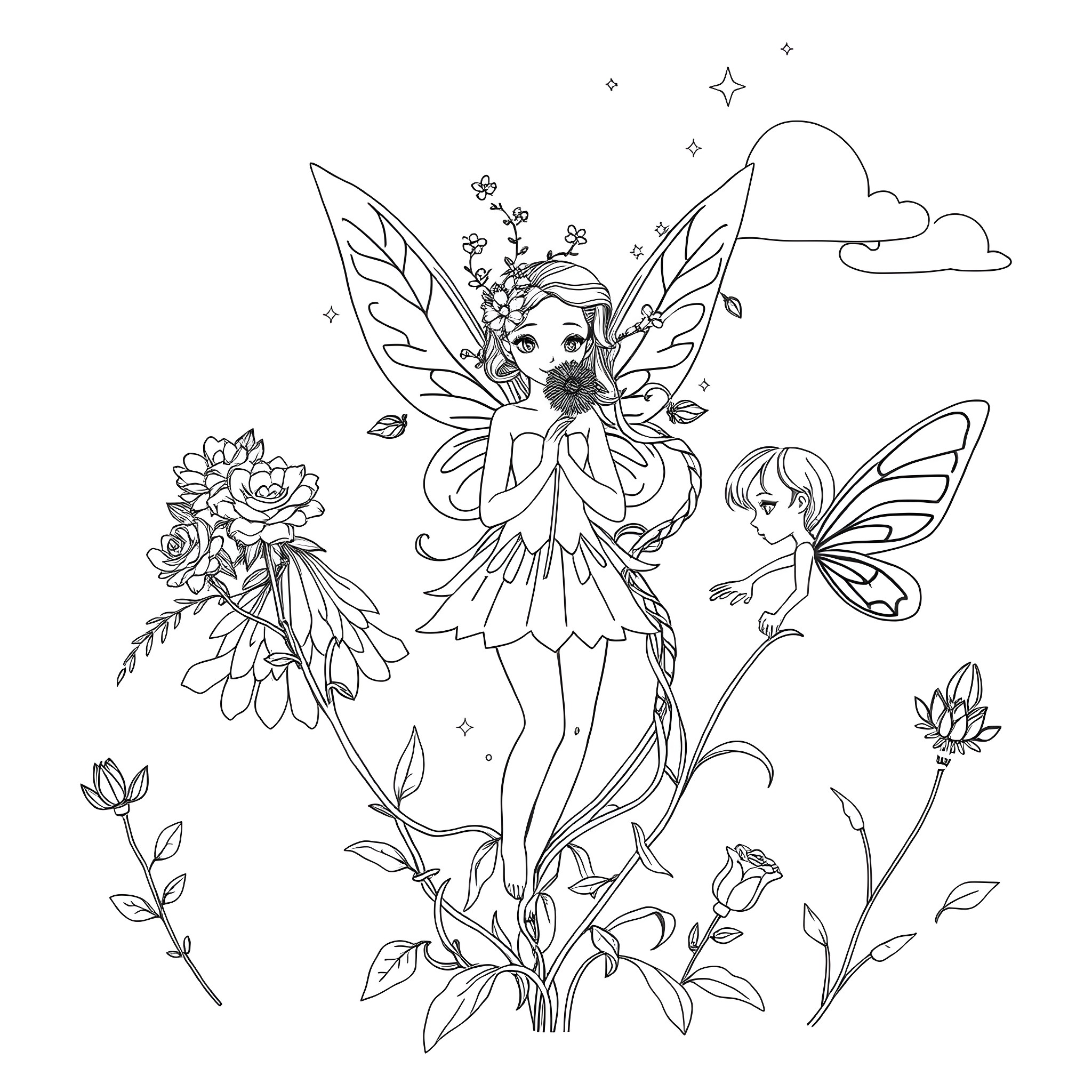 Fairy Creatures Enchanting Floral Garden Coloring Page (free black-and-white line drawing printable PDF for all, from beginners to advanced learners, including children, teens, adults, and seniors)