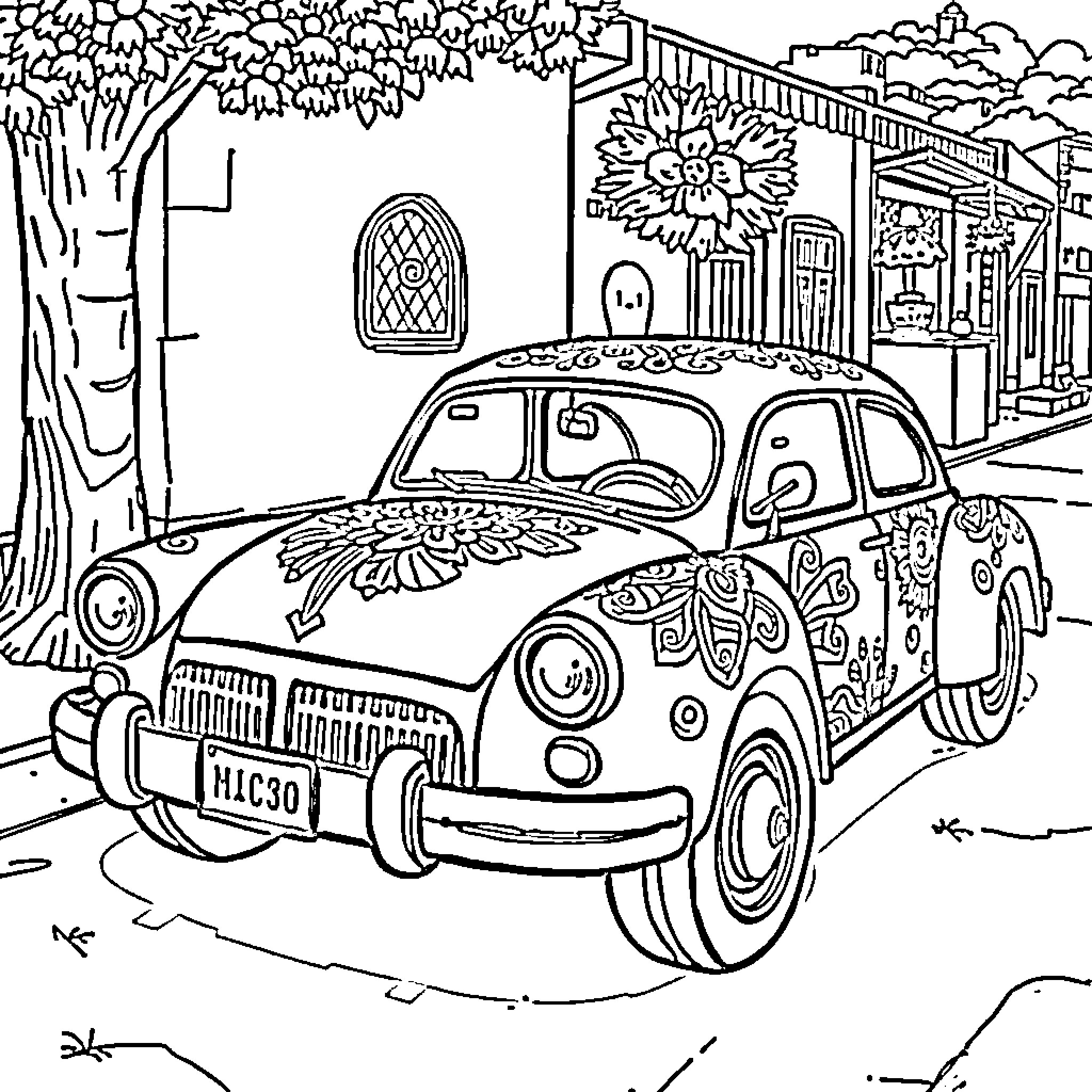Car with floral designs in a quaint town Coloring Page (free black-and-white line drawing printable PDF for all, from beginners to advanced learners, including children, teens, adults, and seniors)