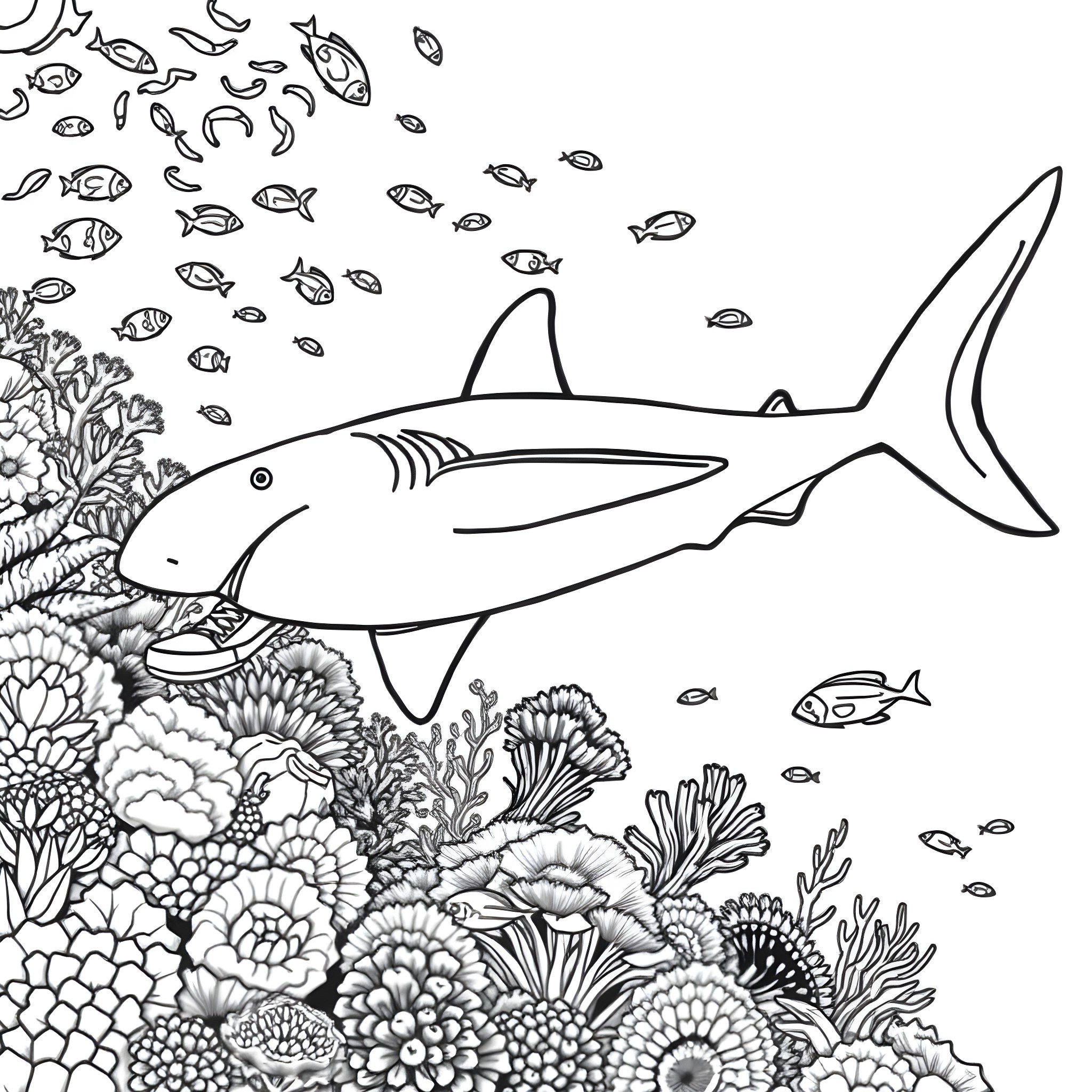 Hammerhead Shark swimming through a coral reef Coloring Page (free black-and-white line drawing printable PDF for all, from beginners to advanced learners, including children, teens, adults, and seniors)