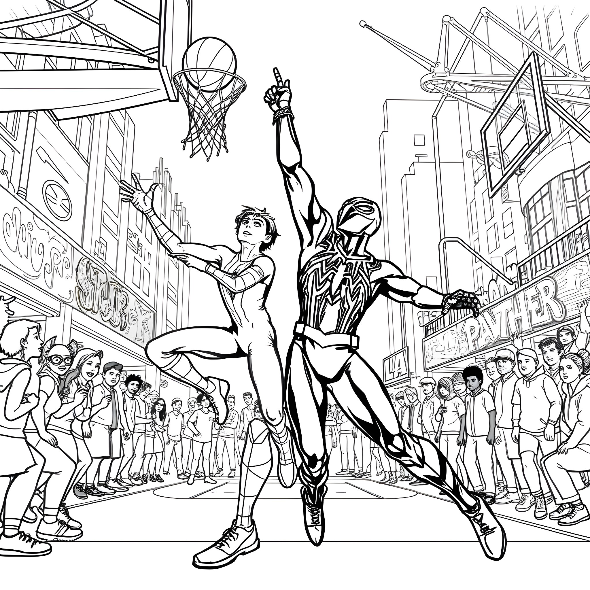 Spider-Man Basketball Showdown in the City Coloring Page (free black-and-white line drawing printable PDF for all, from beginners to advanced learners, including children, teens, adults, and seniors)