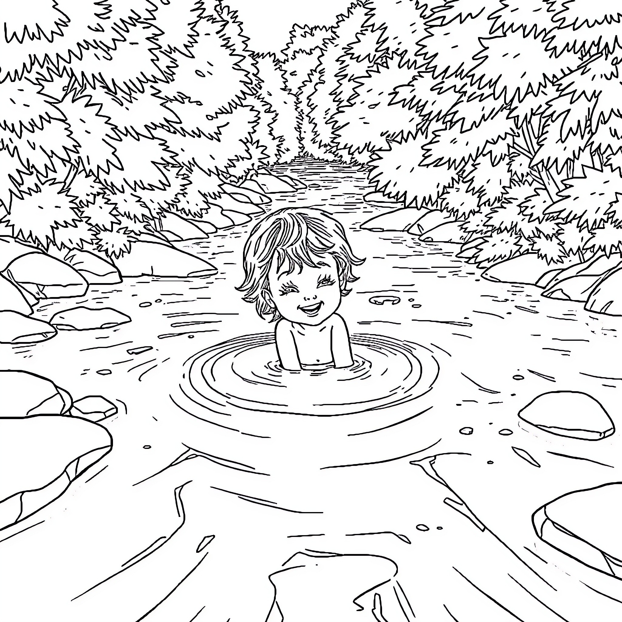 Girl swimming in serene forest pool Coloring Page (free black-and-white line drawing printable PDF for all, from beginners to advanced learners, including children, teens, adults, and seniors)