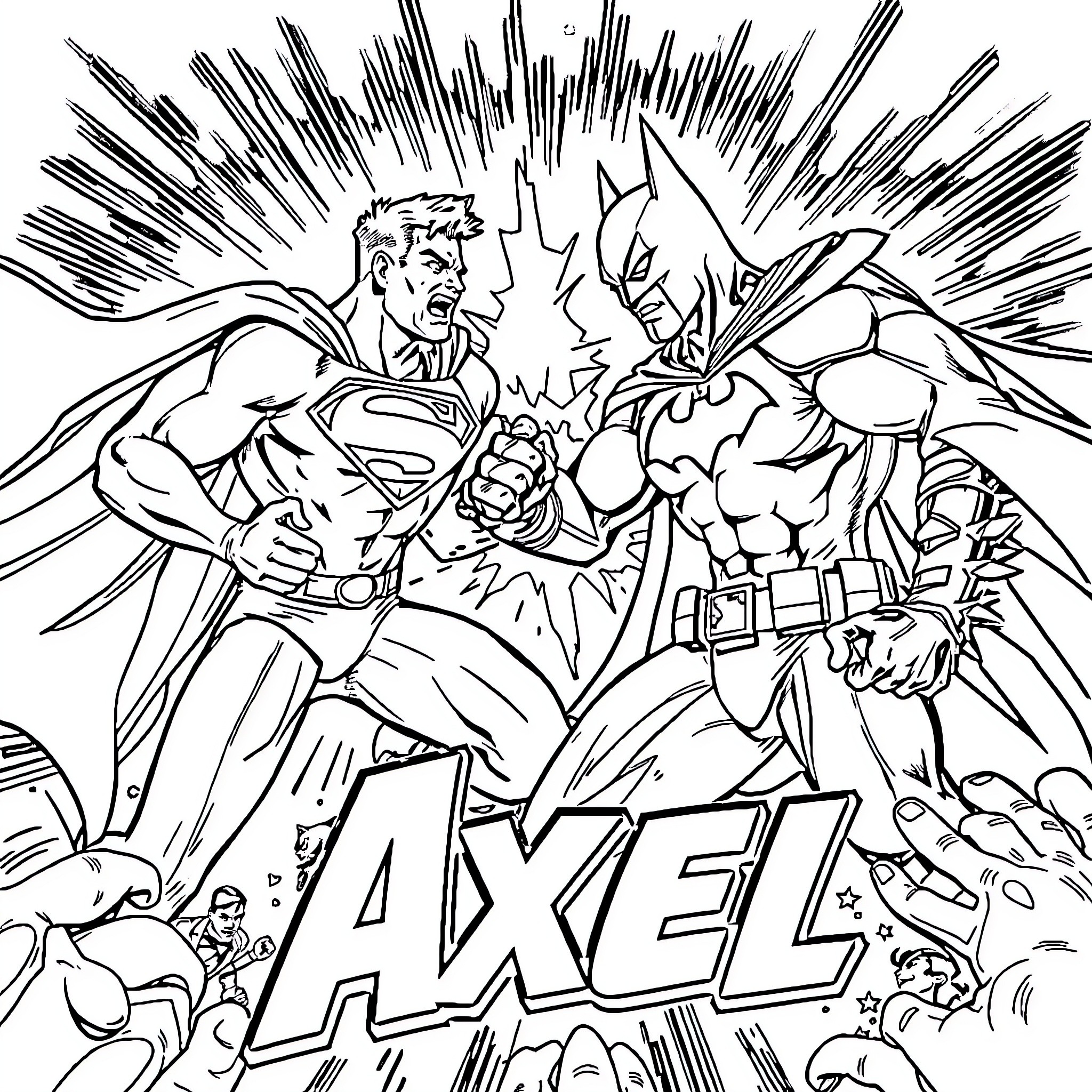 Superman and Batman battling fiercely in an epic showdown Coloring Page (free black-and-white line drawing printable PDF for all, from beginners to advanced learners, including children, teens, adults, and seniors)