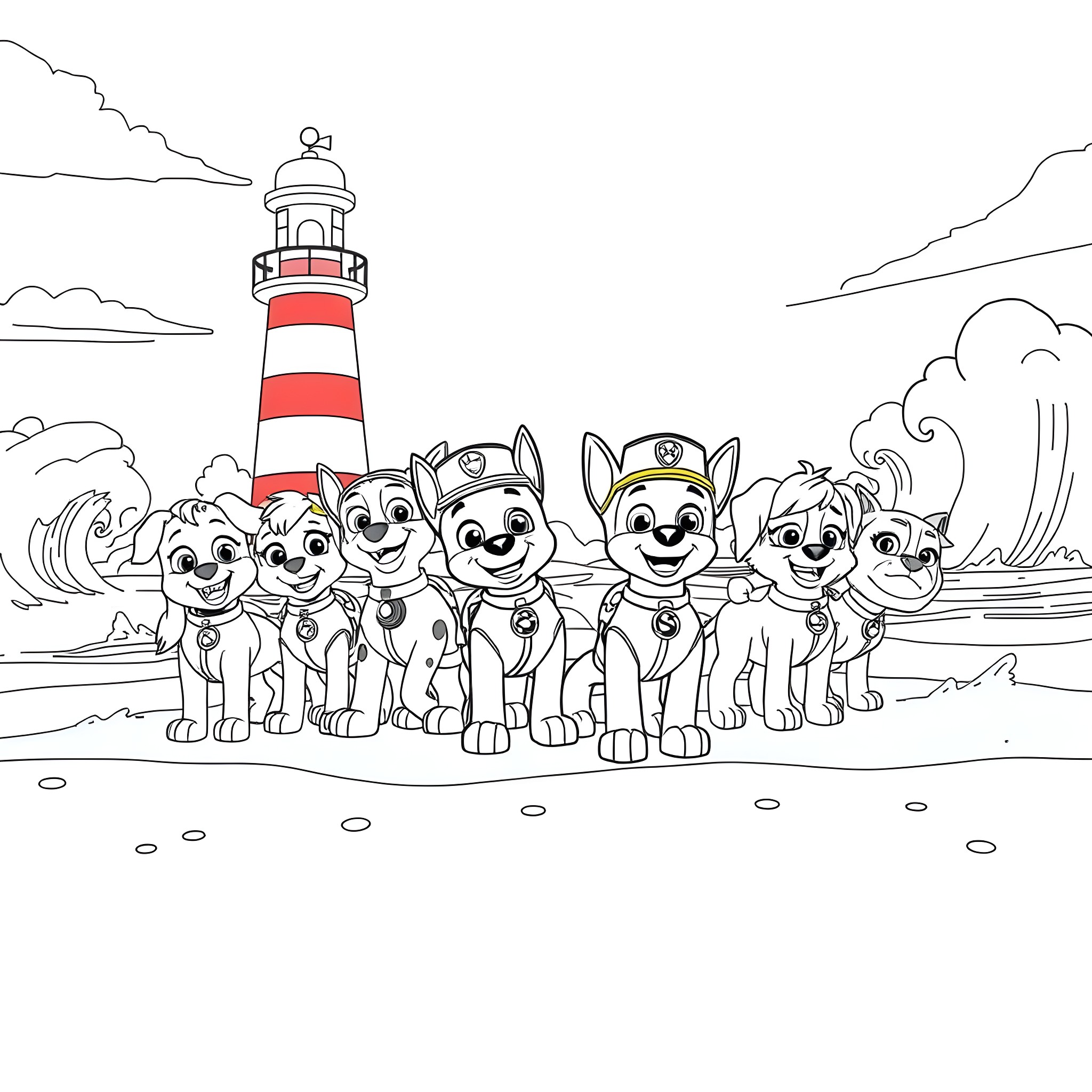 Paw Patrol pups on an adventure near the lighthouse Coloring Page (free black-and-white line drawing printable PDF for all, from beginners to advanced learners, including children, teens, adults, and seniors)