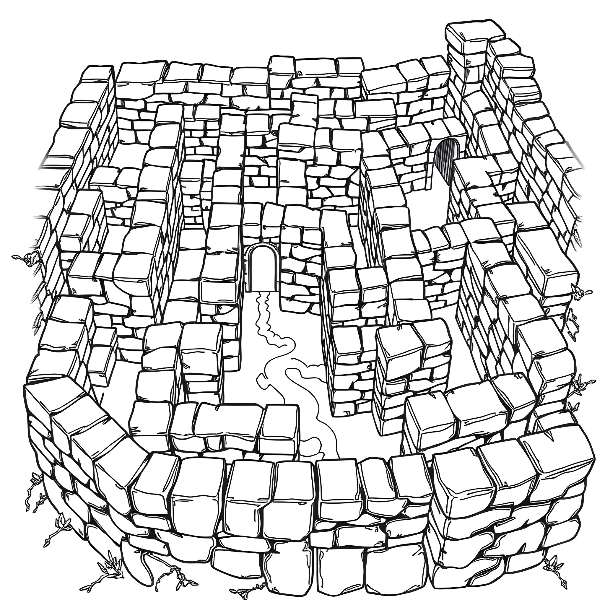 Maze of an ancient stone fortress Coloring Page (free black-and-white line drawing printable PDF for all, from beginners to advanced learners, including children, teens, adults, and seniors)