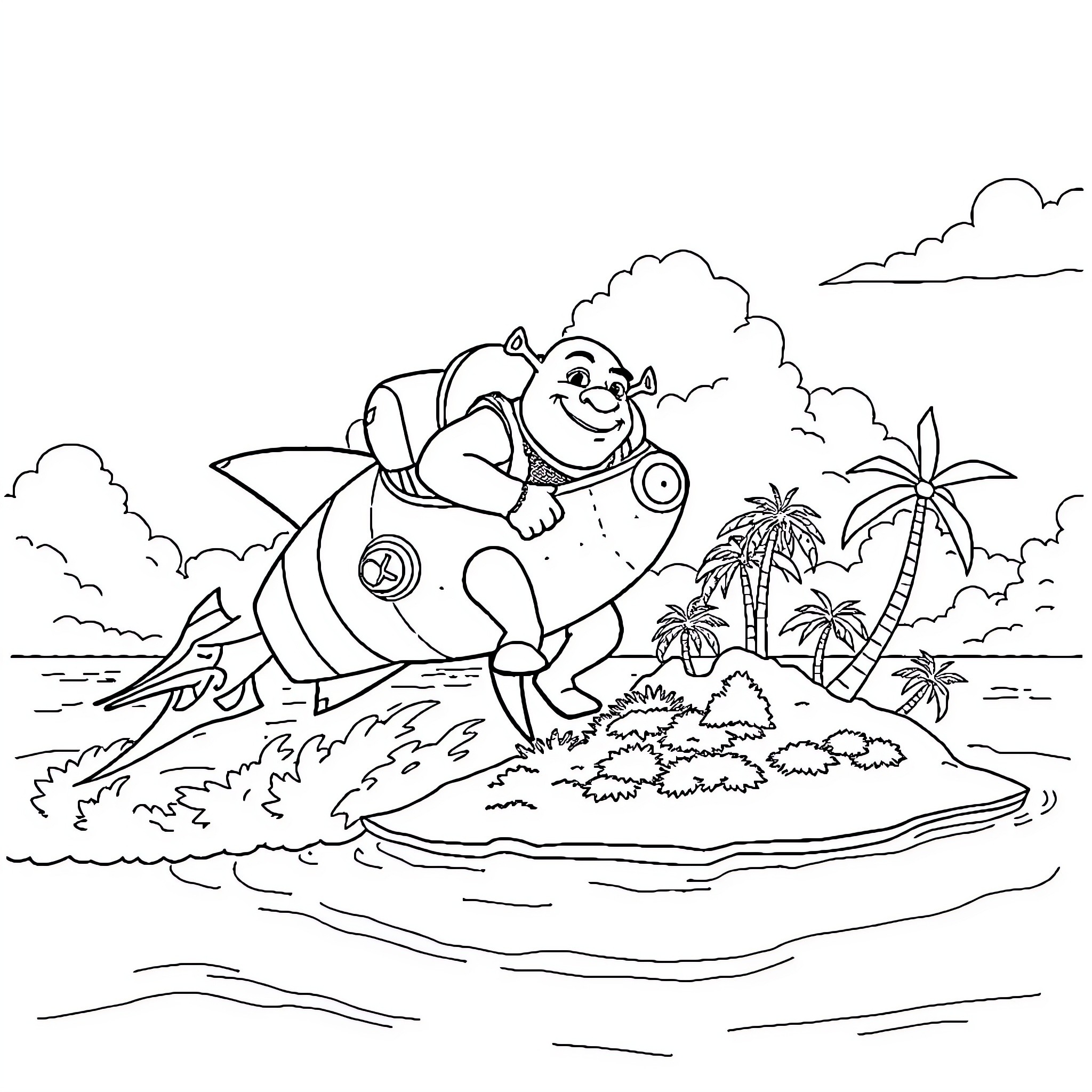 Shrek riding a rocket in a tropical island Coloring Page (free black-and-white line drawing printable PDF for all, from beginners to advanced learners, including children, teens, adults, and seniors)