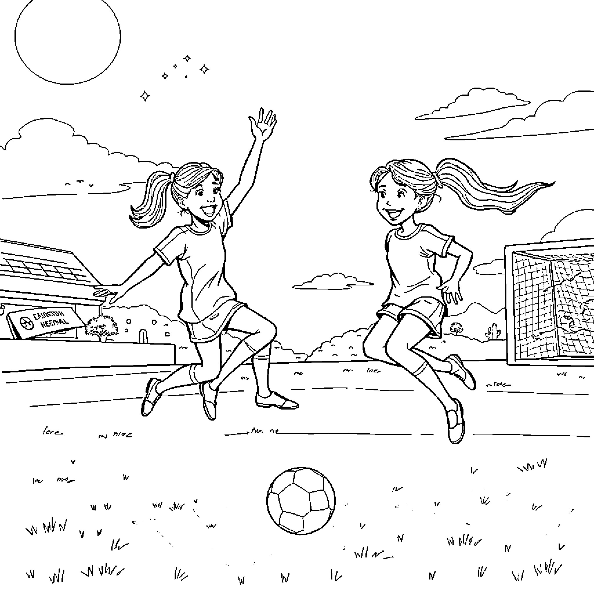 Girls playing soccer on the field Coloring Page (free black-and-white line drawing printable PDF for all, from beginners to advanced learners, including children, teens, adults, and seniors)
