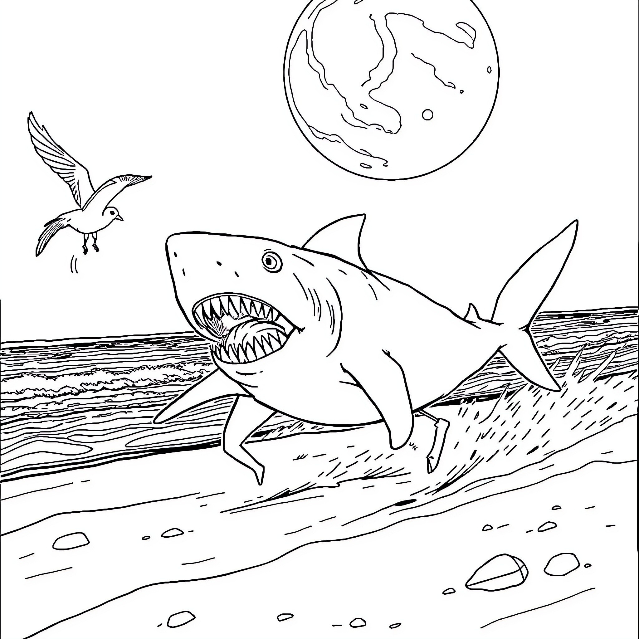 Shark hunting birds in the ocean Coloring Page (free black-and-white line drawing printable PDF for all, from beginners to advanced learners, including children, teens, adults, and seniors)