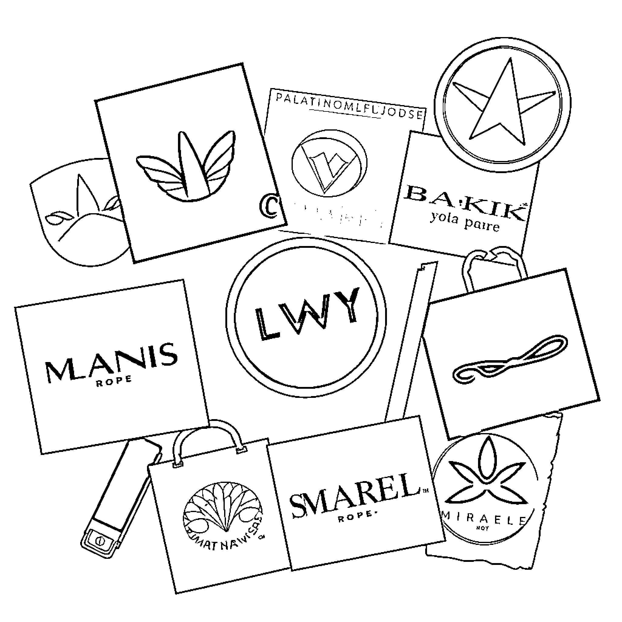 Logo designs for various clothing and product brands Coloring Page (free black-and-white line drawing printable PDF for all, from beginners to advanced learners, including children, teens, adults, and seniors)