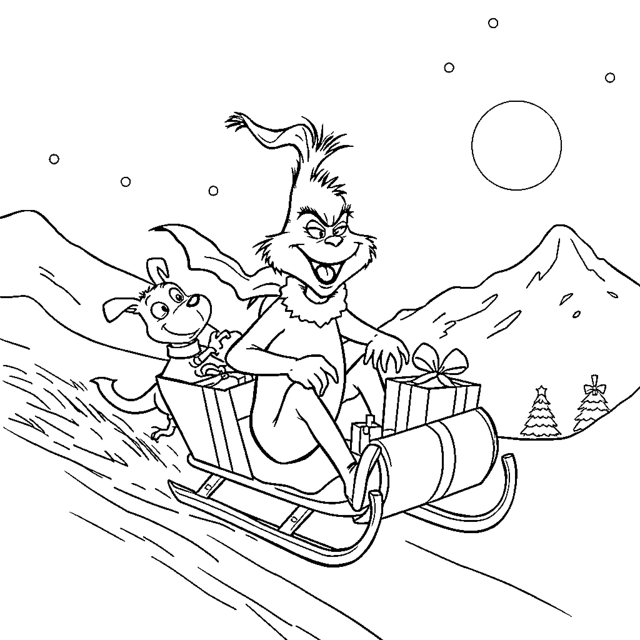 Grinch riding a sleigh with gifts Coloring Page (free black-and-white line drawing printable PDF for all, from beginners to advanced learners, including children, teens, adults, and seniors)