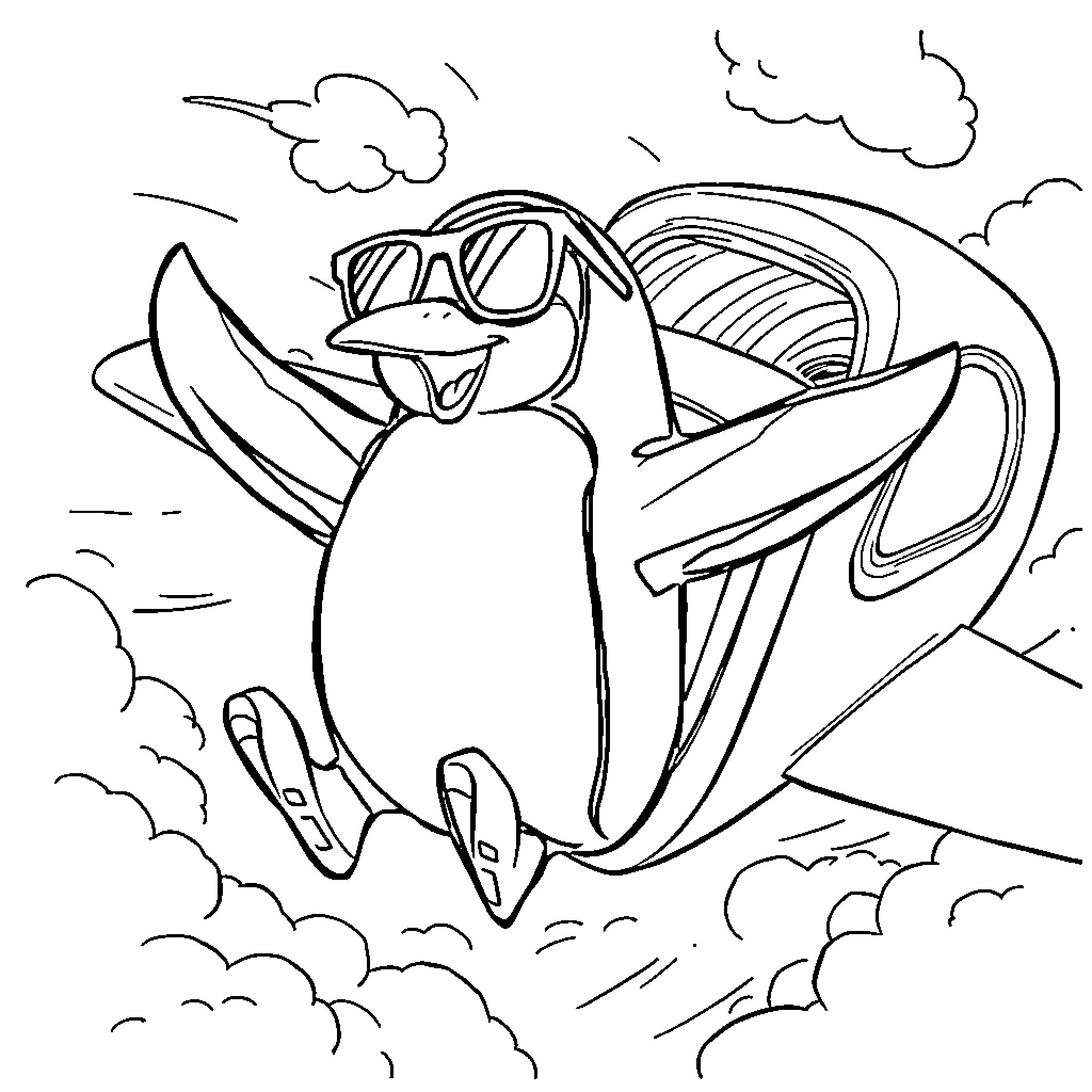 Penguin gliding through the clouds with sunglasses Coloring Page (free black-and-white line drawing printable PDF for all, from beginners to advanced learners, including children, teens, adults, and seniors)