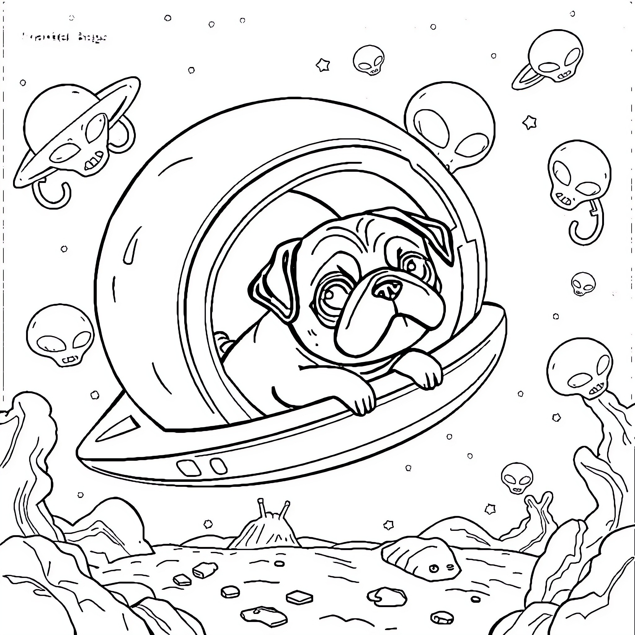Pug exploring the universe in a spaceship Coloring Page (free black-and-white line drawing printable PDF for all, from beginners to advanced learners, including children, teens, adults, and seniors)