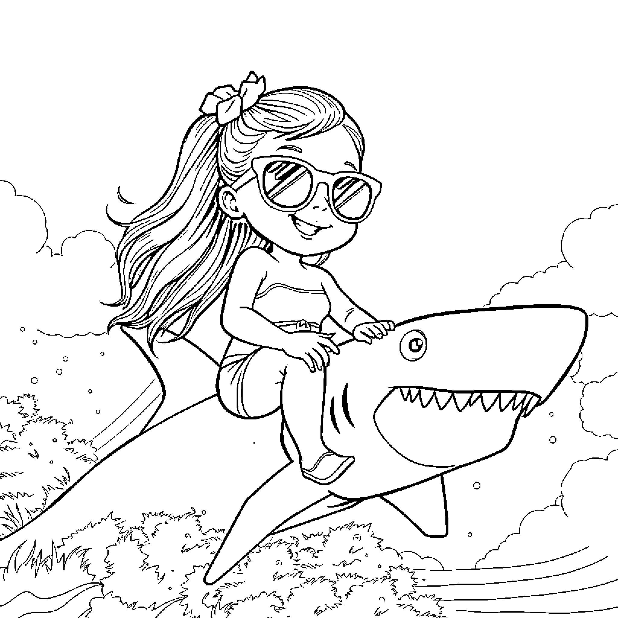 Baby girl riding a friendly shark Coloring Page (free black-and-white line drawing printable PDF for all, from beginners to advanced learners, including children, teens, adults, and seniors)