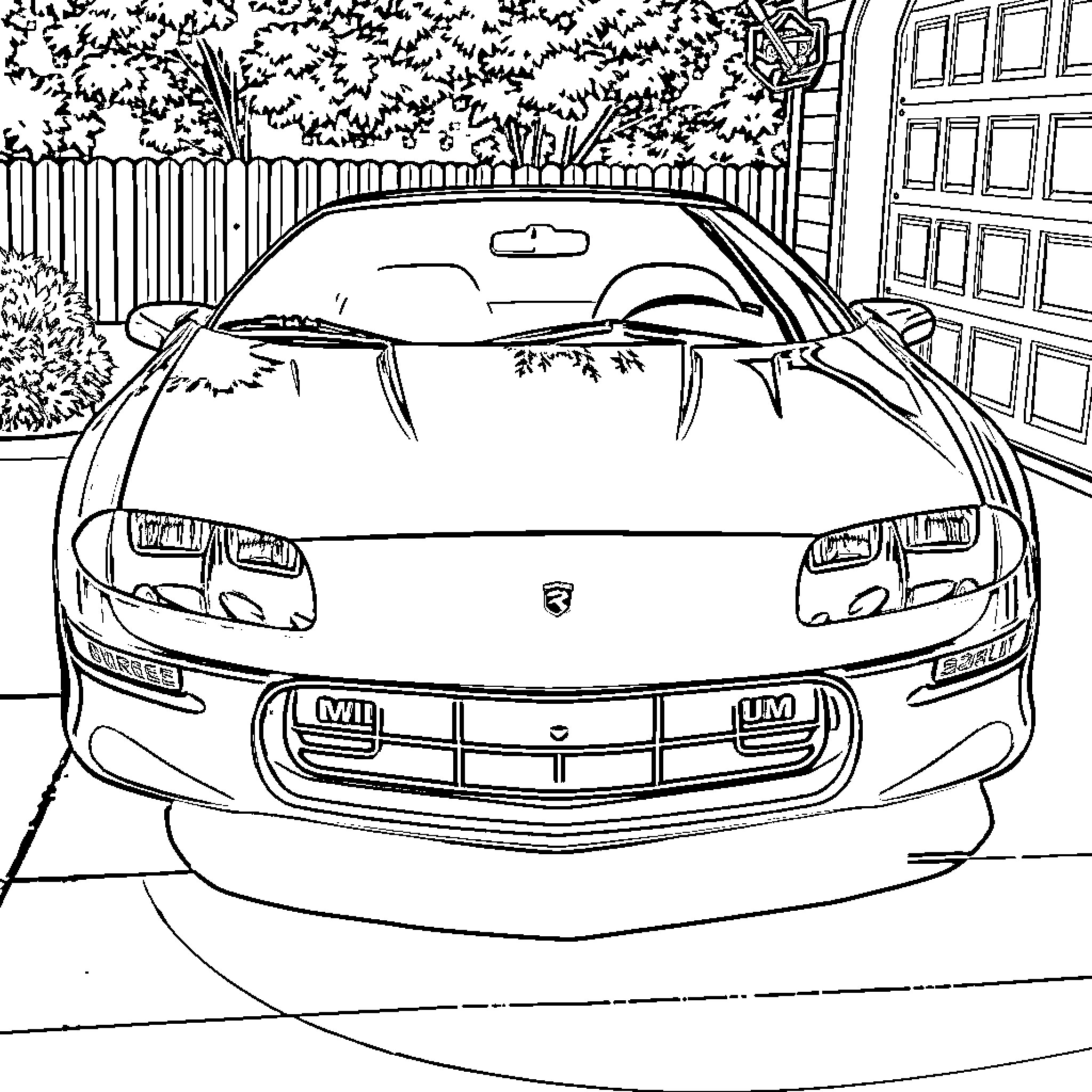 Chevrolet Camaro parked in front of a house Coloring Page (free black-and-white line drawing printable PDF for all, from beginners to advanced learners, including children, teens, adults, and seniors)