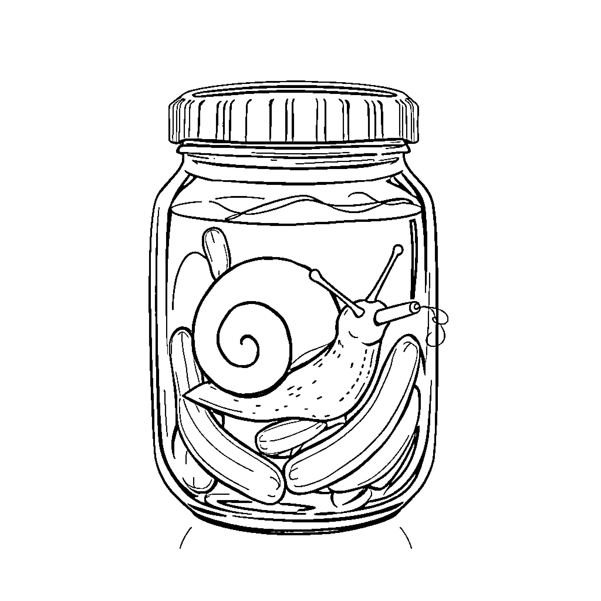 Snail in a Jar with Leaves Coloring Page (free black-and-white line drawing printable PDF for all, from beginners to advanced learners, including children, teens, adults, and seniors)