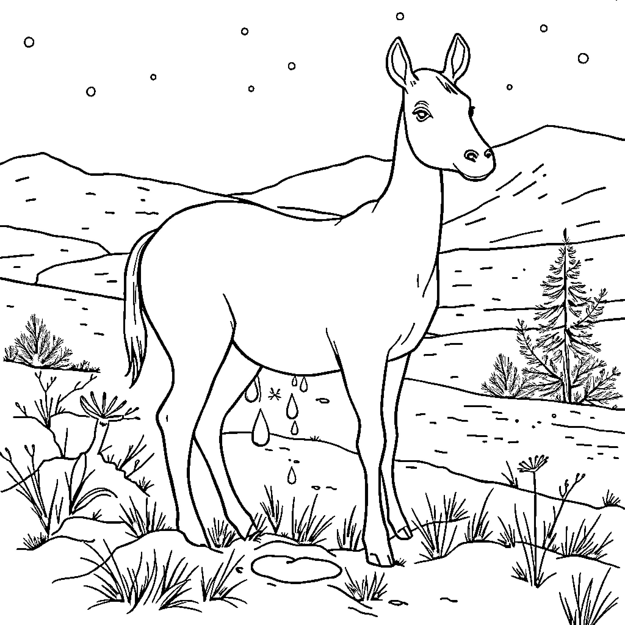 Renne standing gracefully in the wilderness Coloring Page (free black-and-white line drawing printable PDF for all, from beginners to advanced learners, including children, teens, adults, and seniors)
