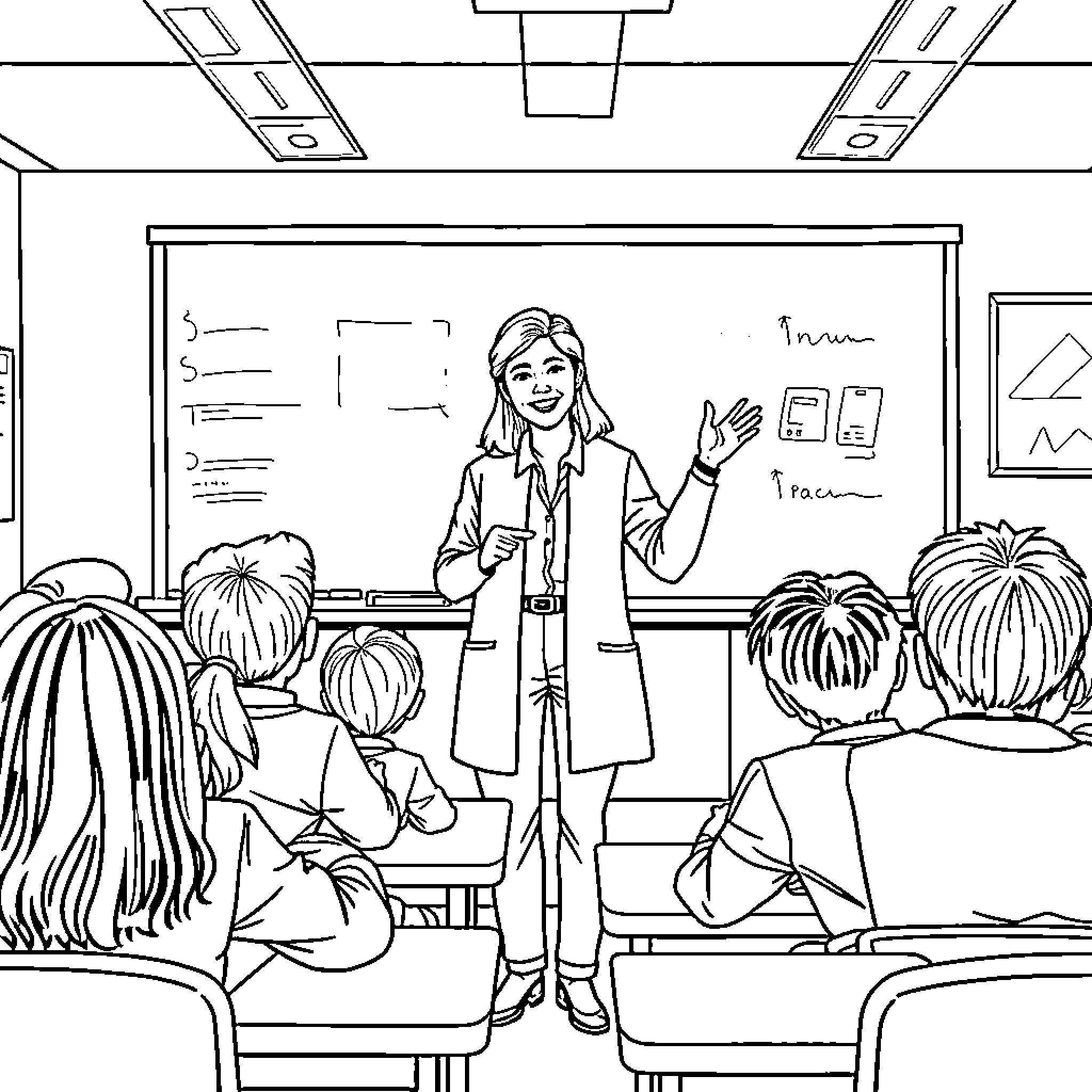 Teacher giving a lesson in the classroom Coloring Page (free black-and-white line drawing printable PDF for all, from beginners to advanced learners, including children, teens, adults, and seniors)
