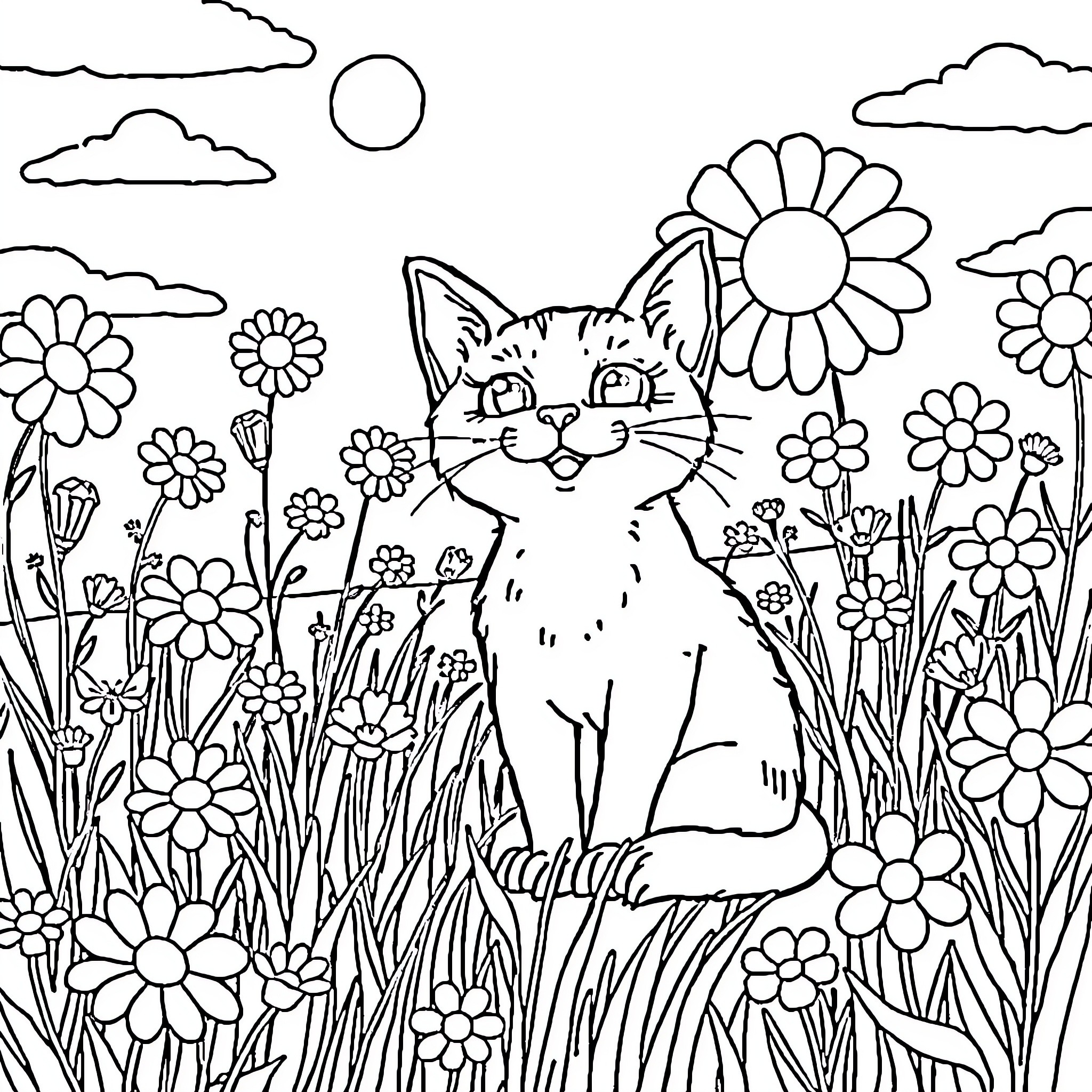 Cat admiring the beautiful flowers in nature Coloring Page (free black-and-white line drawing printable PDF for all, from beginners to advanced learners, including children, teens, adults, and seniors)