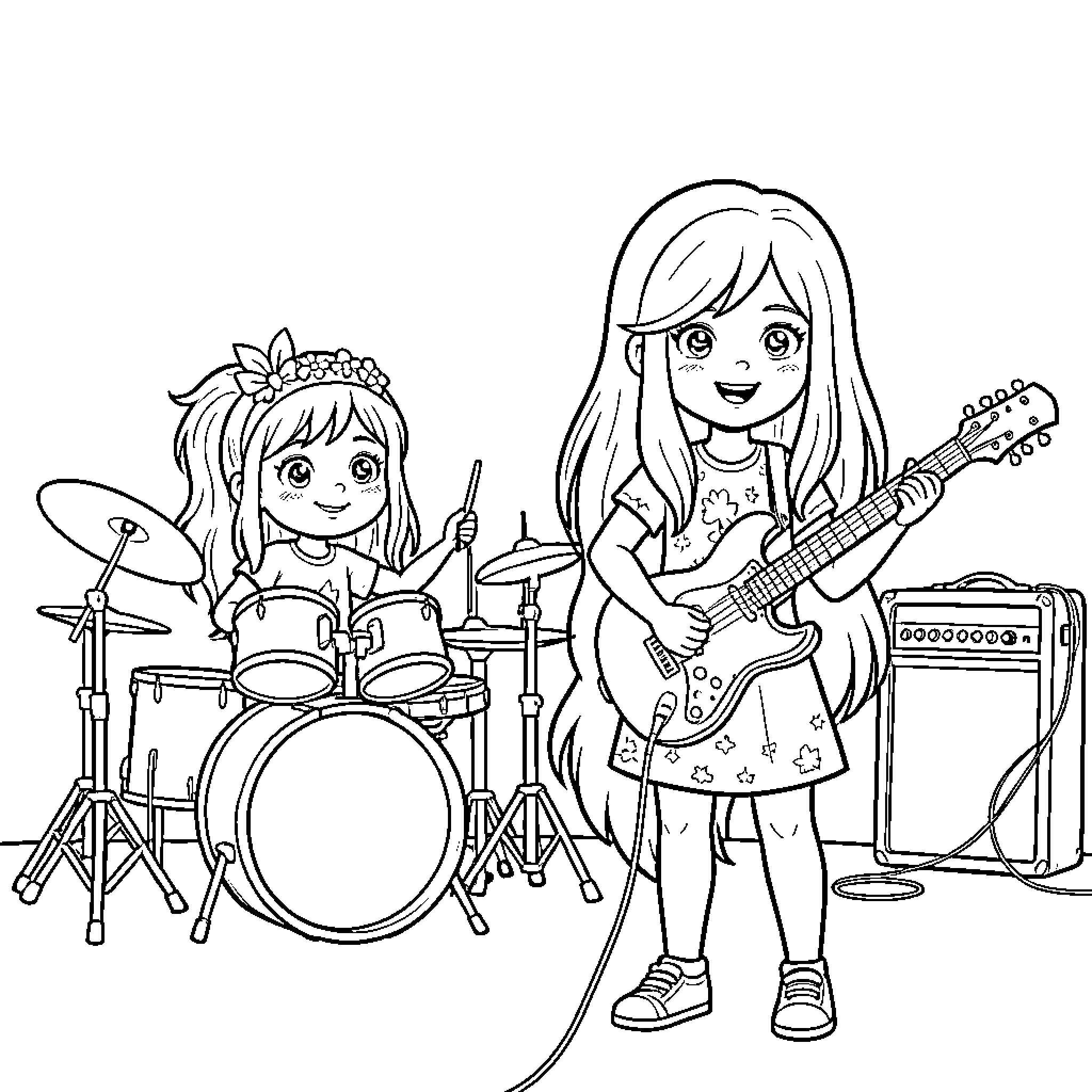 Nina and her friend playing instruments and rocking out Coloring Page (free black-and-white line drawing printable PDF for all, from beginners to advanced learners, including children, teens, adults, and seniors)