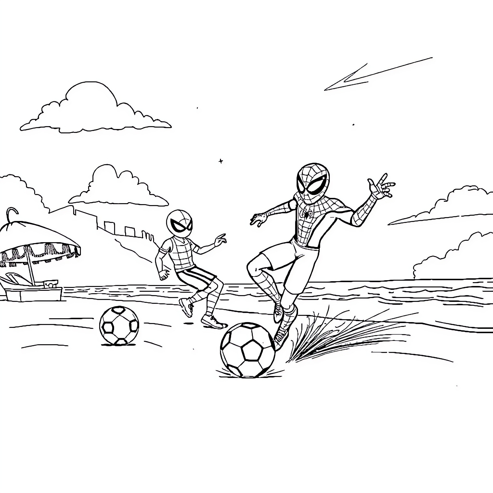 Spidey heroes kick around soccer balls on the field Coloring Page (free black-and-white line drawing printable PDF for all, from beginners to advanced learners, including children, teens, adults, and seniors)
