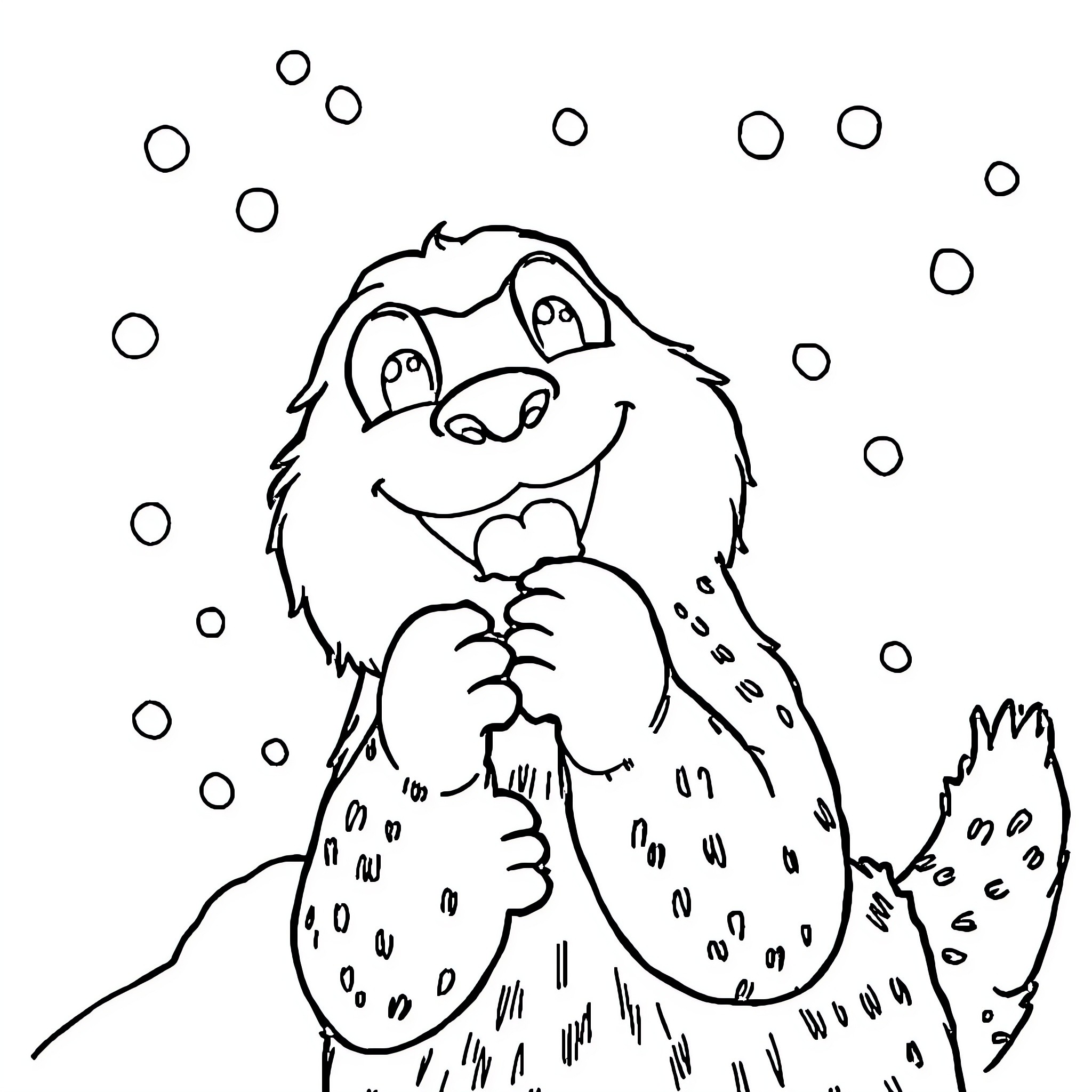 Grogu playing joyfully in the snow Coloring Page (free black-and-white line drawing printable PDF for all, from beginners to advanced learners, including children, teens, adults, and seniors)