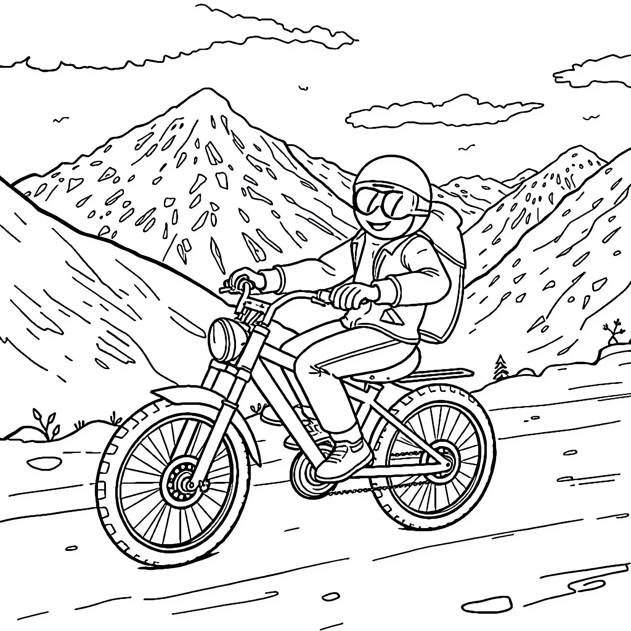 Bananaman rides motorcycle through mountain landscape Coloring Page (free black-and-white line drawing printable PDF for all, from beginners to advanced learners, including children, teens, adults, and seniors)