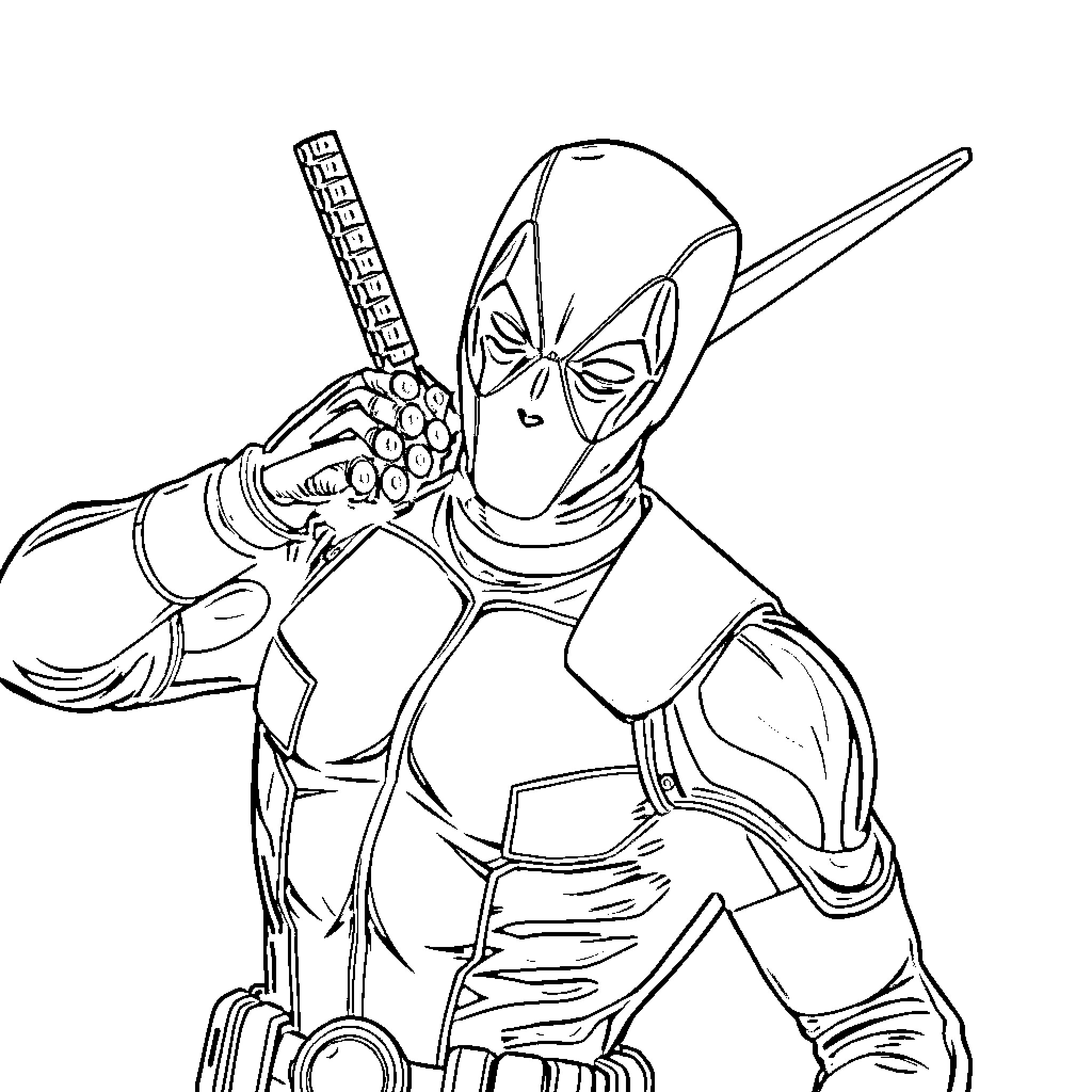Deadpool in action-packed pose with weapons Coloring Page (free black-and-white line drawing printable PDF for all, from beginners to advanced learners, including children, teens, adults, and seniors)