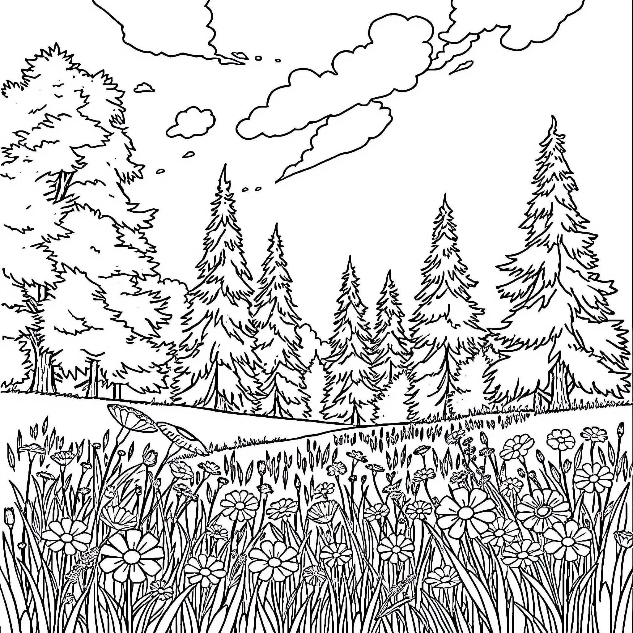 Nature scene with pine trees and blooming flowers Coloring Page (free black-and-white line drawing printable PDF for all, from beginners to advanced learners, including children, teens, adults, and seniors)