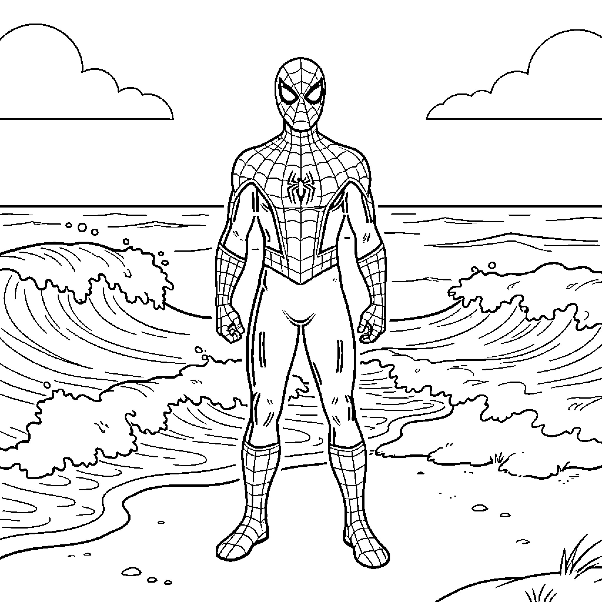 Spiderman standing heroically on a beach by ocean waves Coloring Page (free black-and-white line drawing printable PDF for all, from beginners to advanced learners, including children, teens, adults, and seniors)