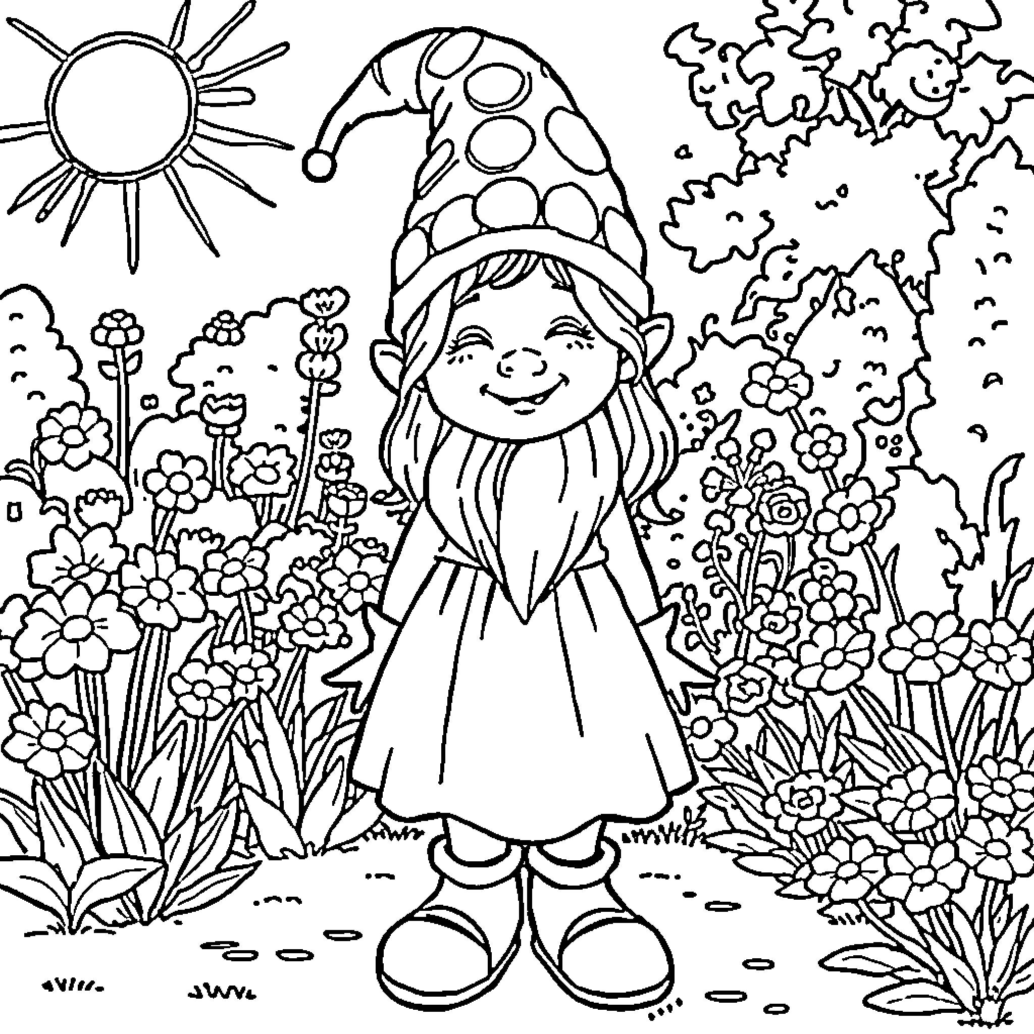Gnome playing joyfully in a magical garden Coloring Page (free black-and-white line drawing printable PDF for all, from beginners to advanced learners, including children, teens, adults, and seniors)