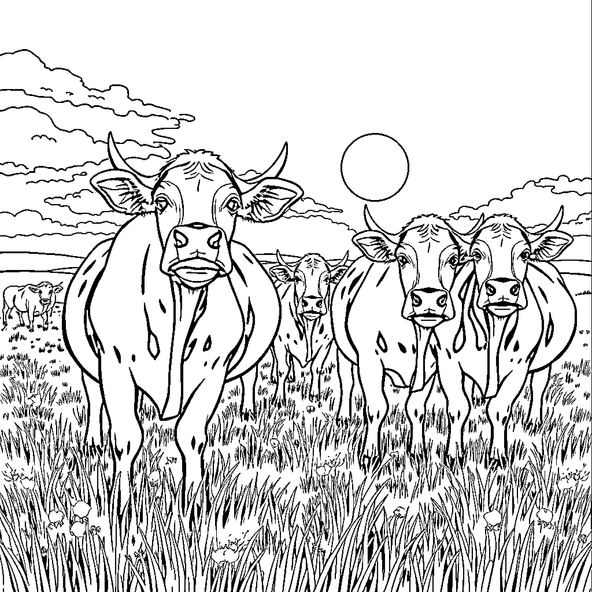 Cow herd grazing in the field under the moon Coloring Page (free black-and-white line drawing printable PDF for all, from beginners to advanced learners, including children, teens, adults, and seniors)