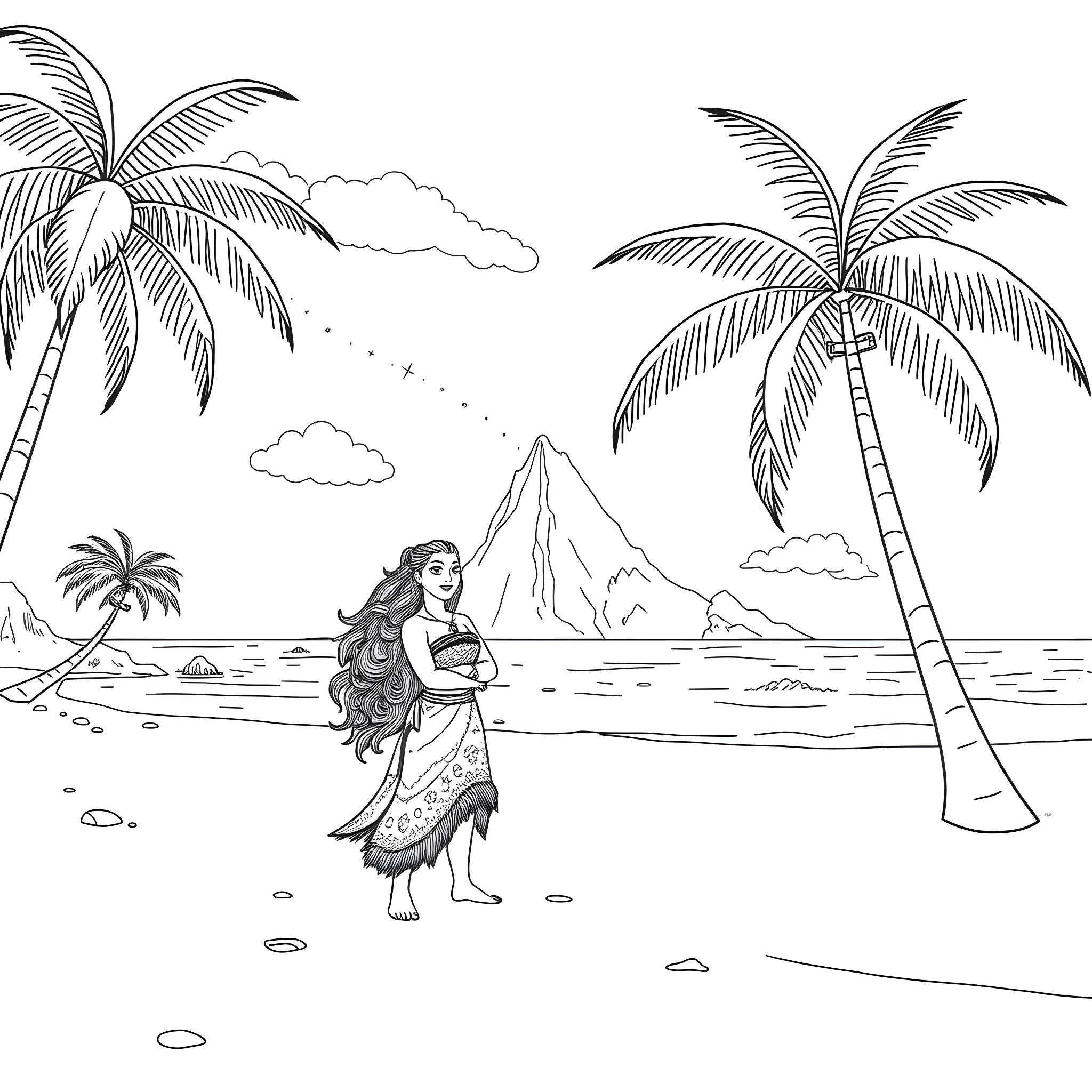 Moana exploring the tropical island paradise Coloring Page (free black-and-white line drawing printable PDF for all, from beginners to advanced learners, including children, teens, adults, and seniors)