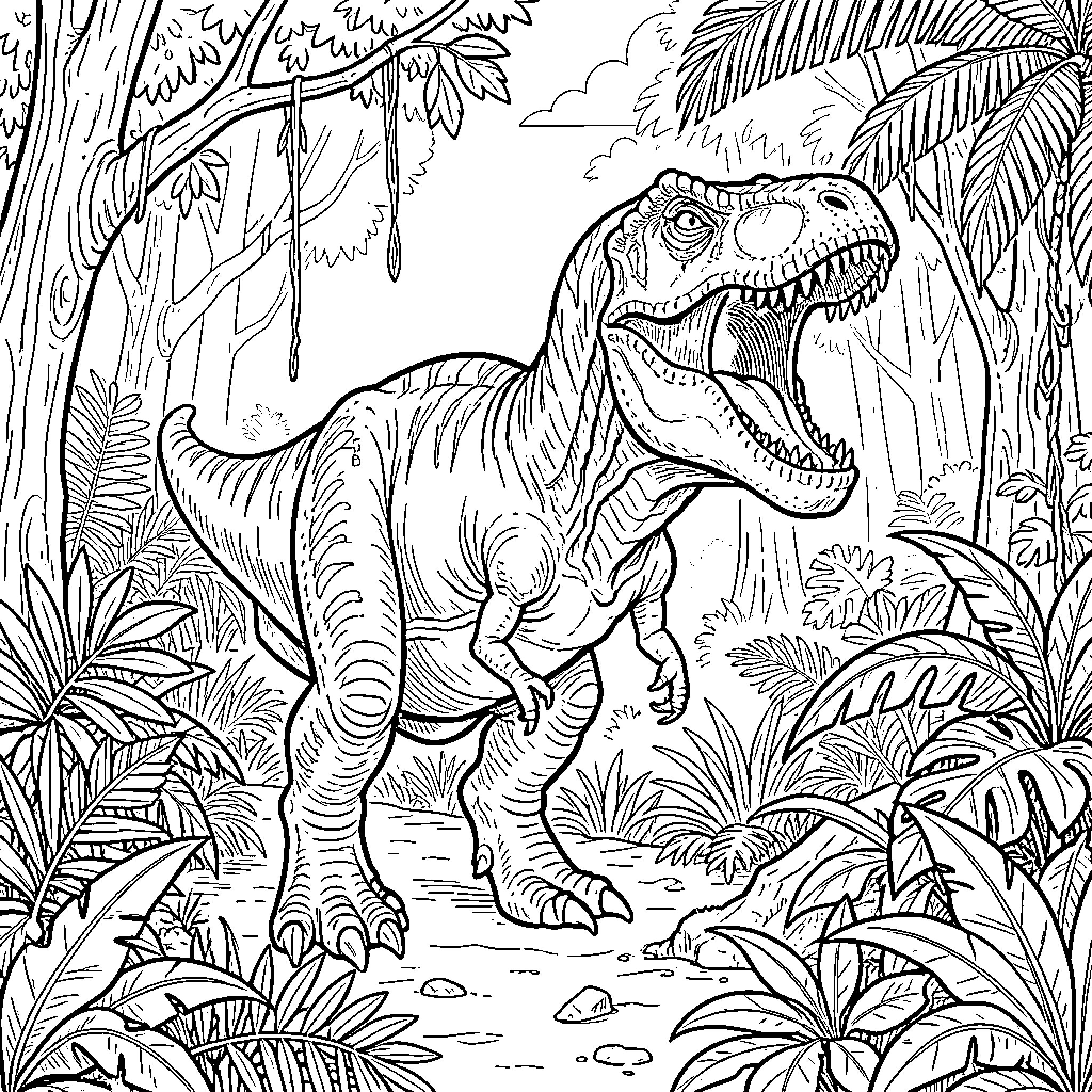 Dinosaur roaring loudly in a lush jungle setting Coloring Page (free black-and-white line drawing printable PDF for all, from beginners to advanced learners, including children, teens, adults, and seniors)