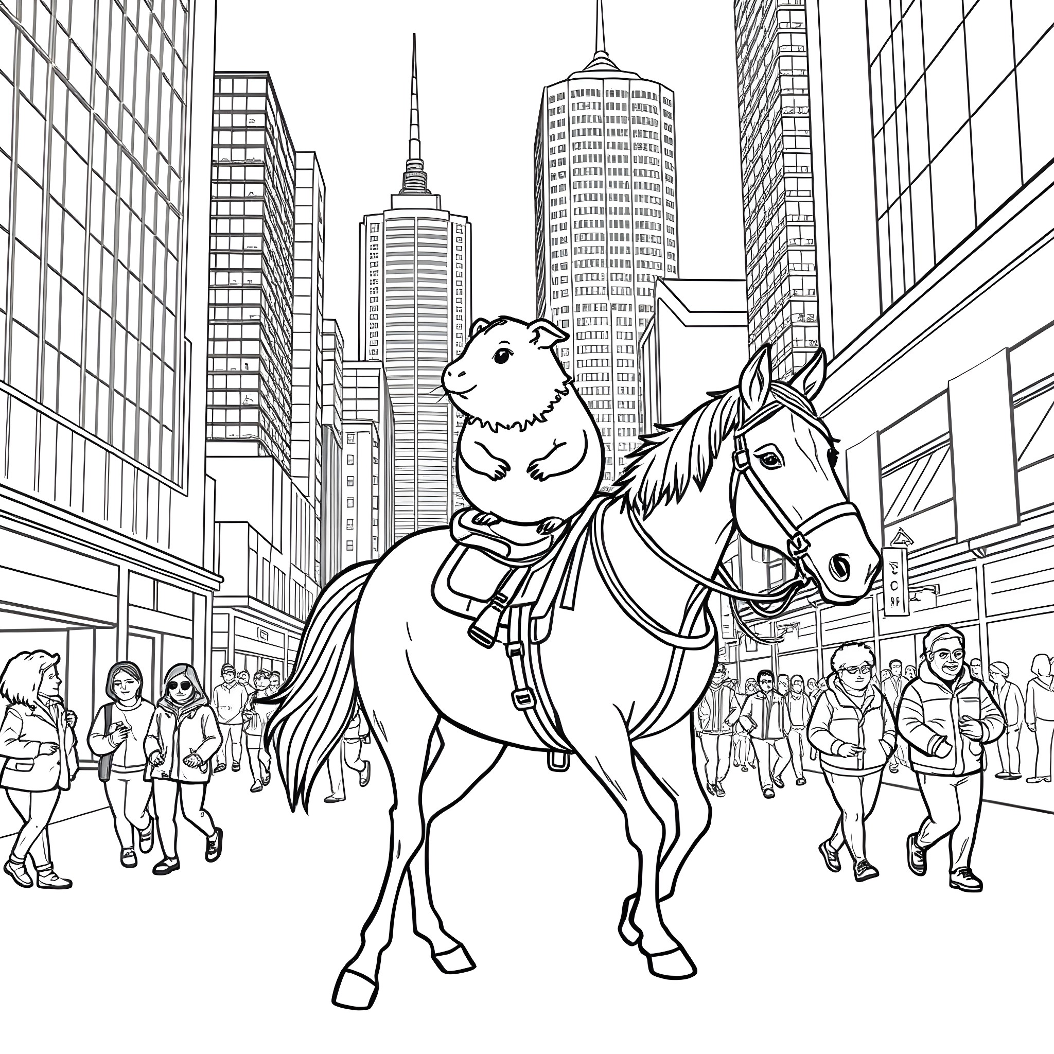 Guinea Pig Riding Cheerfully on a Horse in the City Coloring Page (free black-and-white line drawing printable PDF for all, from beginners to advanced learners, including children, teens, adults, and seniors)