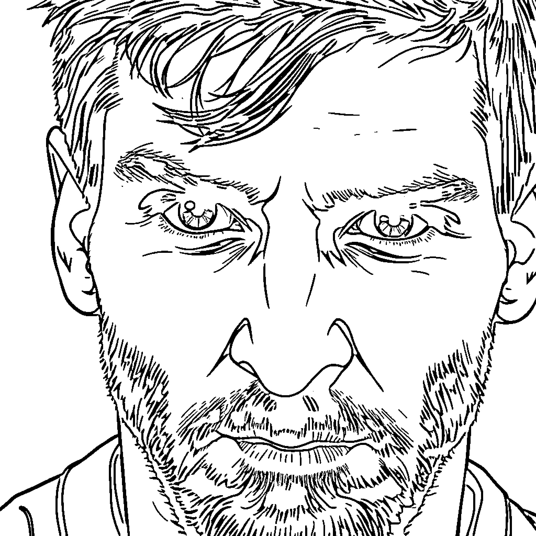 Lionel Messi in intense focus Coloring Page (free black-and-white line drawing printable PDF for all, from beginners to advanced learners, including children, teens, adults, and seniors)