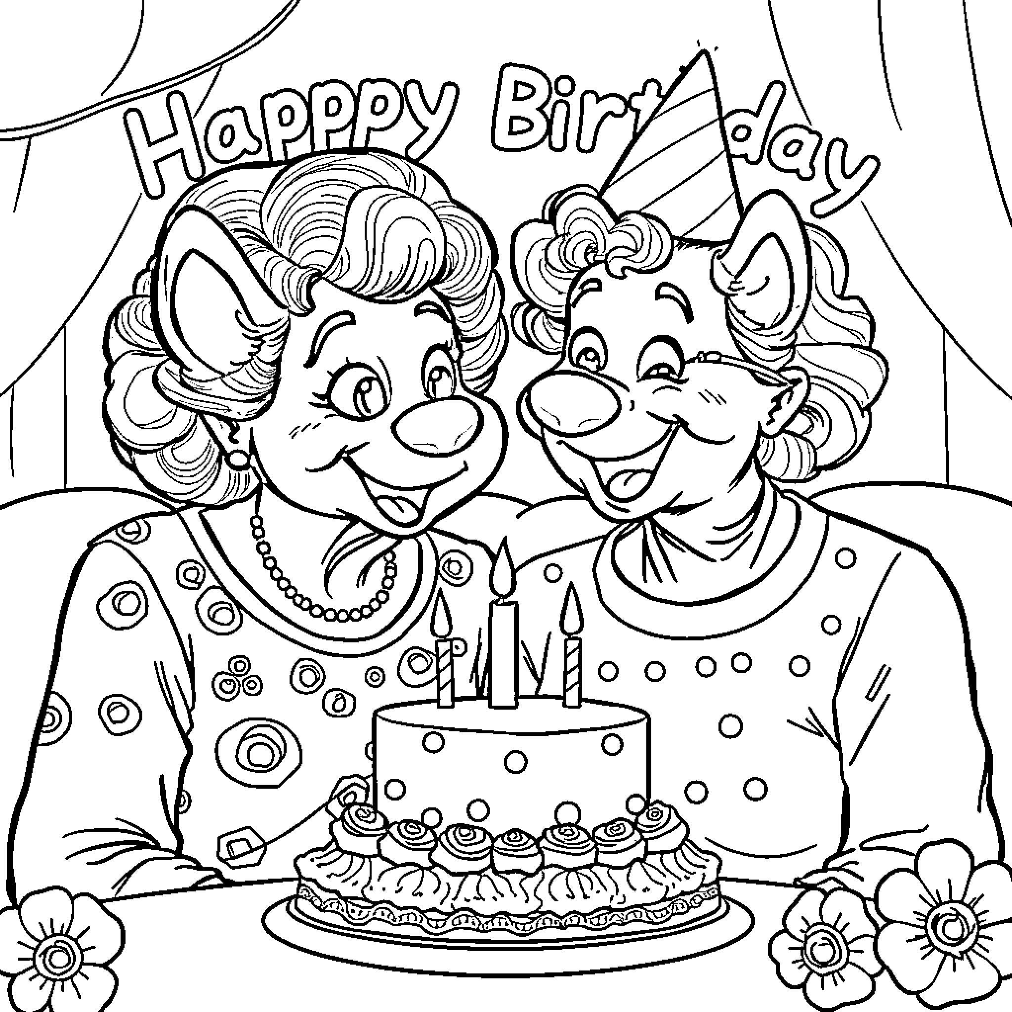 Bluey celebrates a happy birthday with friends Coloring Page (free black-and-white line drawing printable PDF for all, from beginners to advanced learners, including children, teens, adults, and seniors)