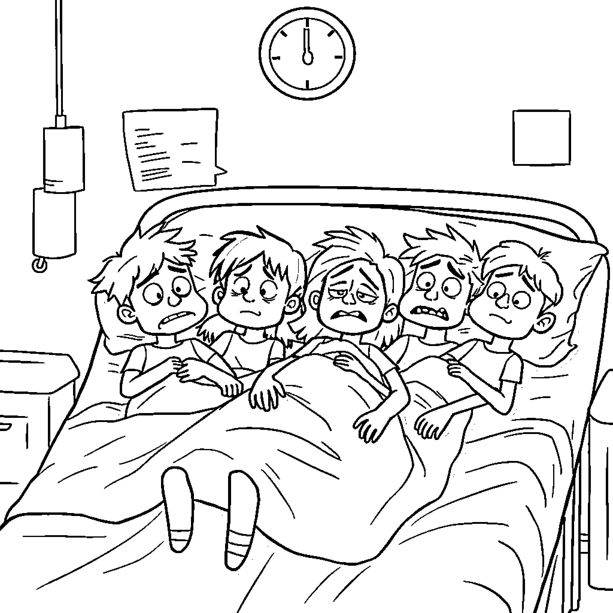 Seven Children Worried in Hospital Bed Coloring Page (free black-and-white line drawing printable PDF for all, from beginners to advanced learners, including children, teens, adults, and seniors)