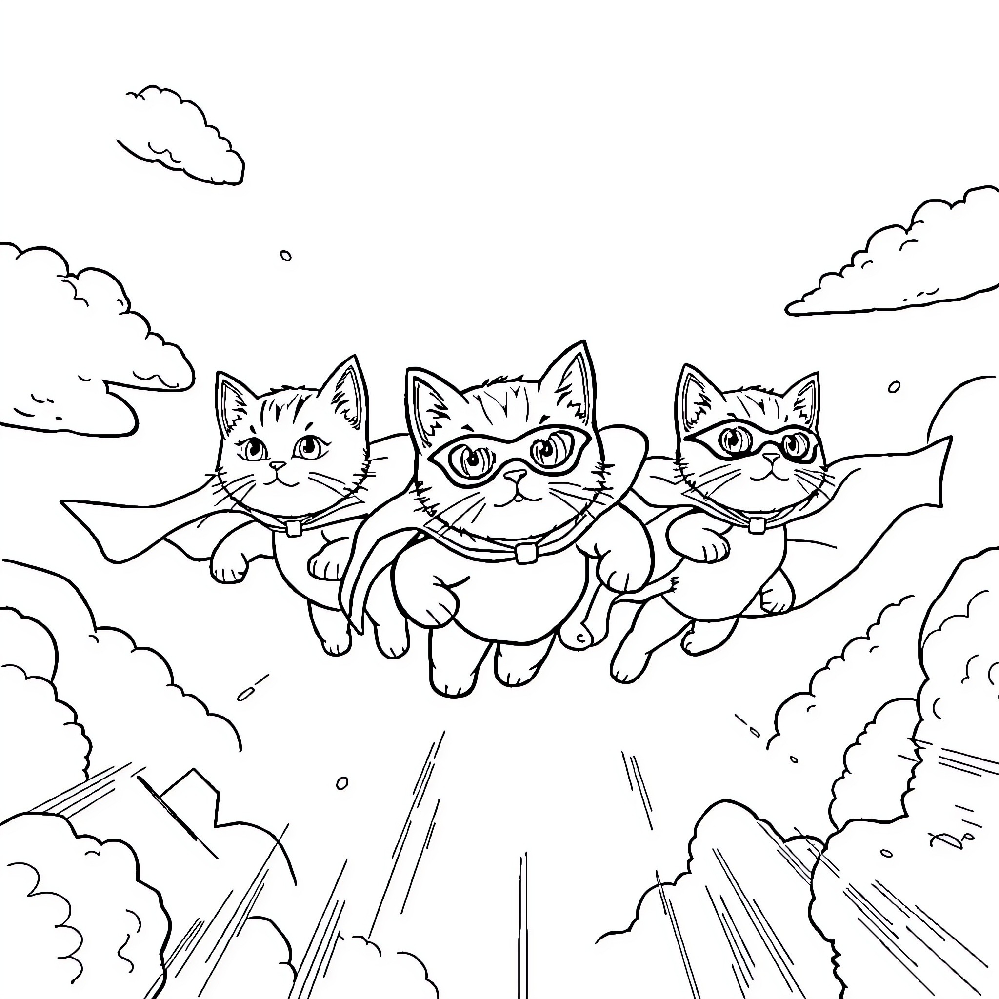 Superkitty trio soaring through the clouds Coloring Page (free black-and-white line drawing printable PDF for all, from beginners to advanced learners, including children, teens, adults, and seniors)