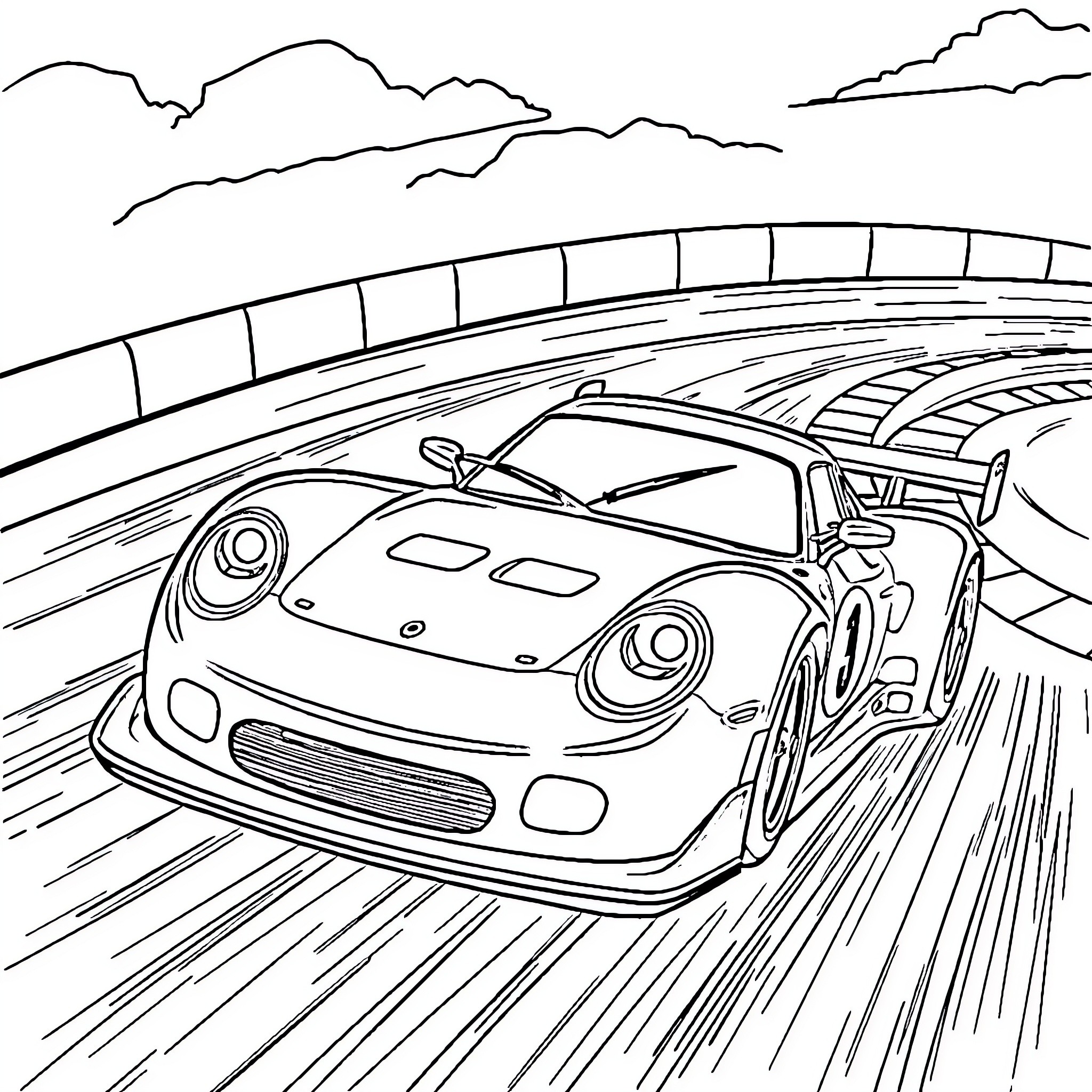 Racecar speeding on the track Coloring Page (free black-and-white line drawing printable PDF for all, from beginners to advanced learners, including children, teens, adults, and seniors)