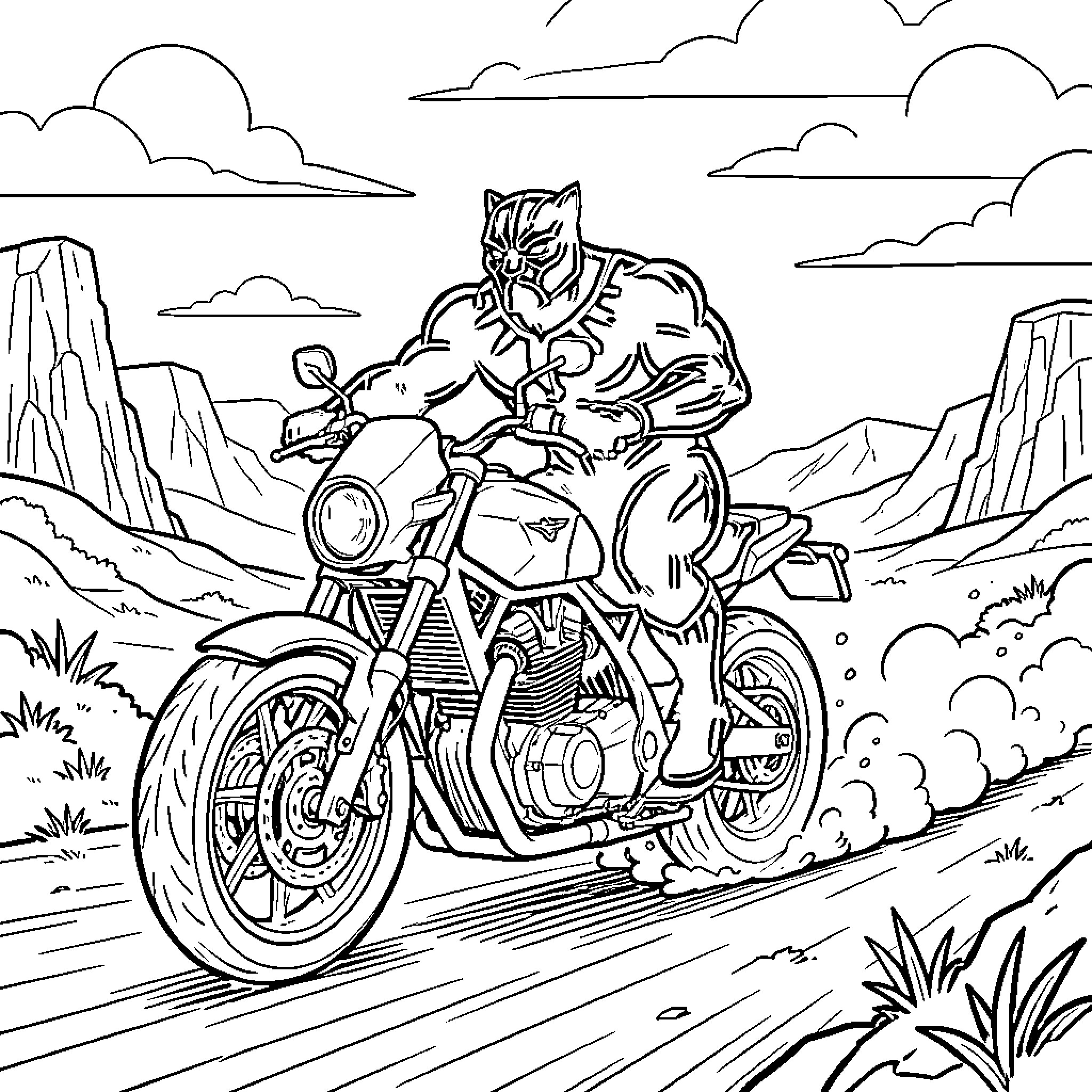 Black Panther riding a powerful motorcycle through mountains Coloring Page (free black-and-white line drawing printable PDF for all, from beginners to advanced learners, including children, teens, adults, and seniors)