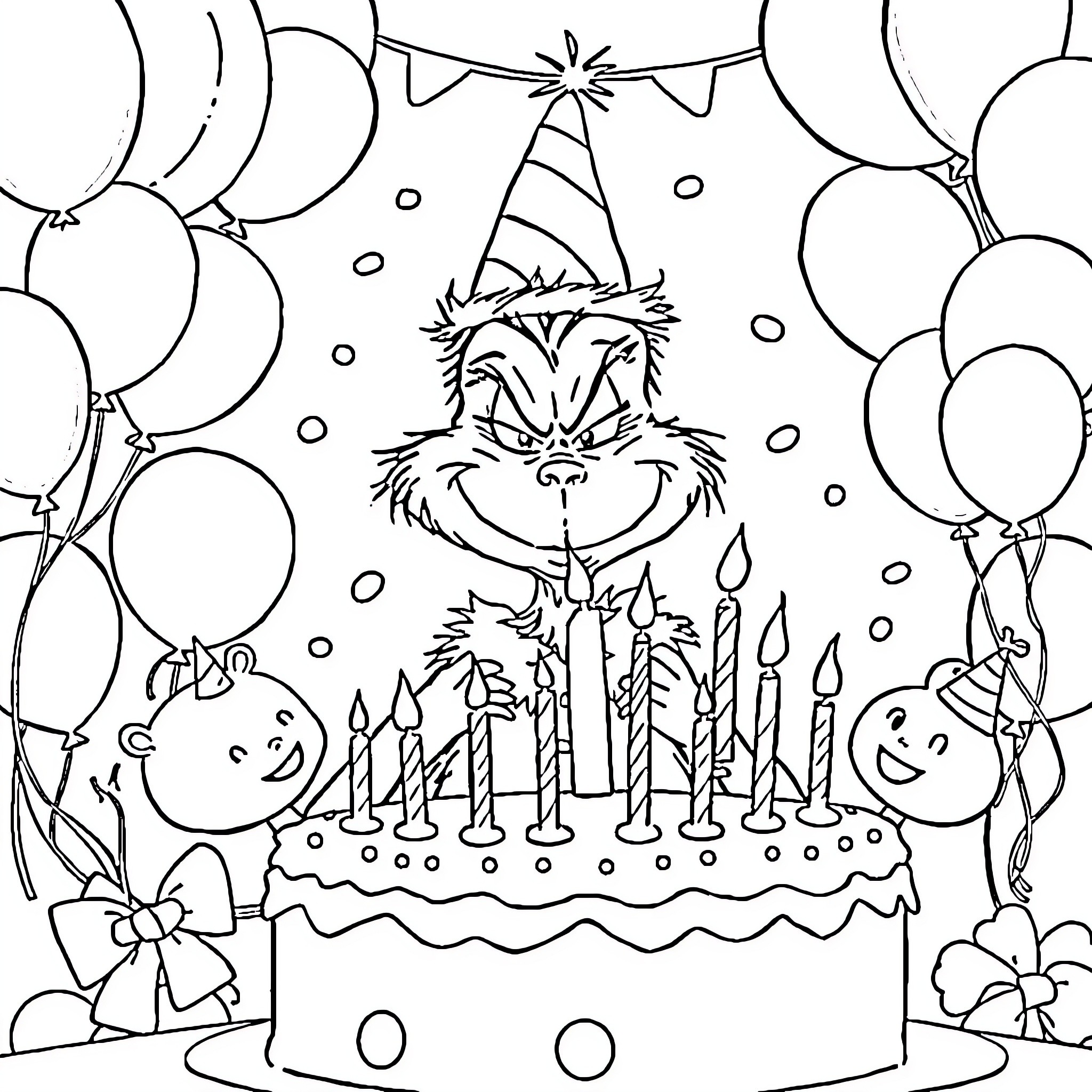 Grinch's Mischievous Birthday Celebration Coloring Page (free black-and-white line drawing printable PDF for all, from beginners to advanced learners, including children, teens, adults, and seniors)