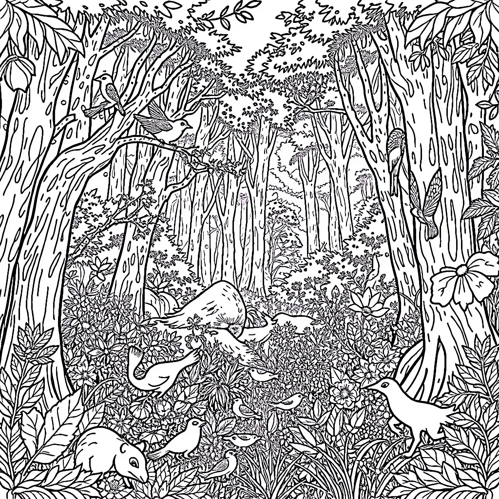 Wildlife in a Lush, Enchanted Forest Coloring Page (free black-and-white line drawing printable PDF for all, from beginners to advanced learners, including children, teens, adults, and seniors)