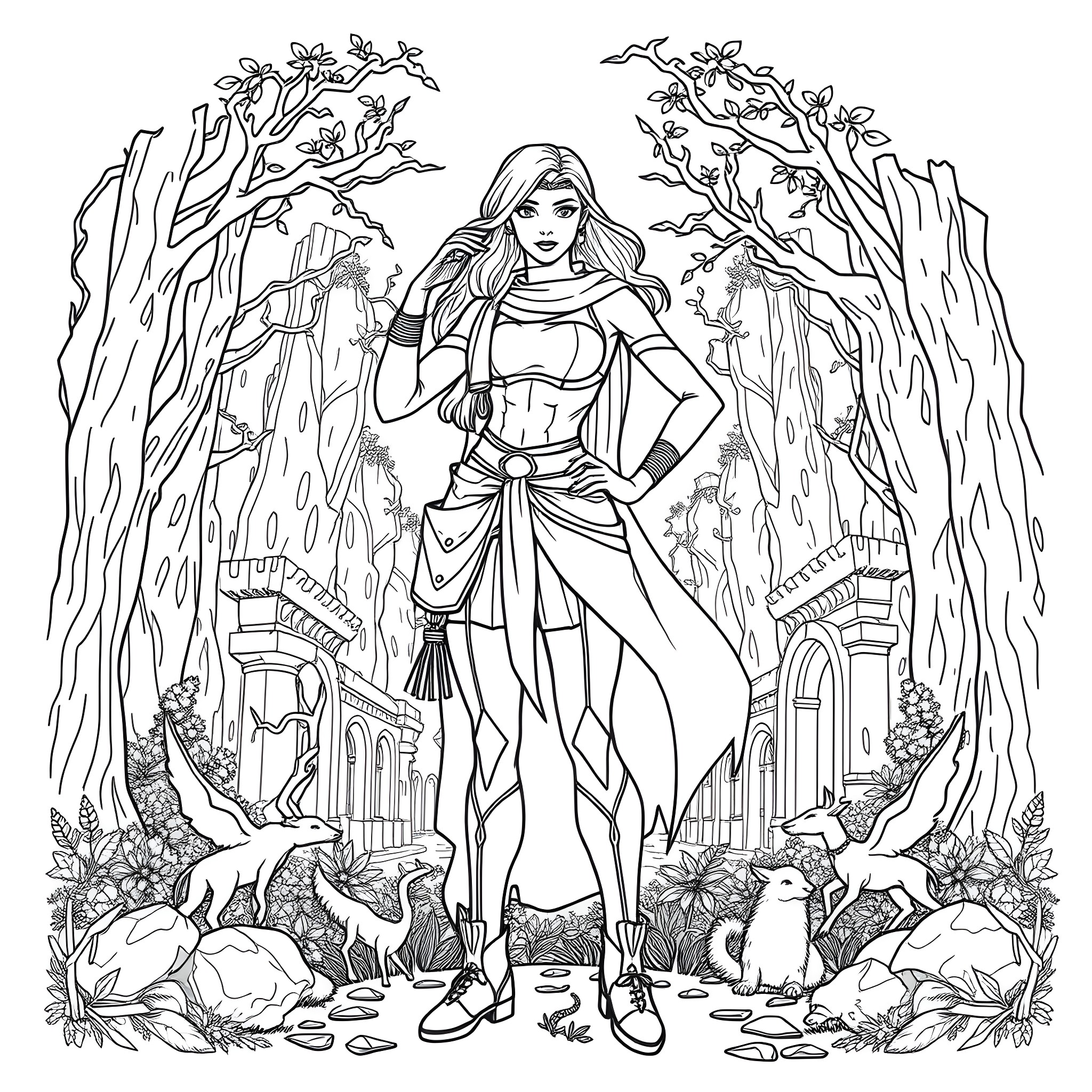 Wonder Woman in an enchanted forest setting Coloring Page (free black-and-white line drawing printable PDF for all, from beginners to advanced learners, including children, teens, adults, and seniors)