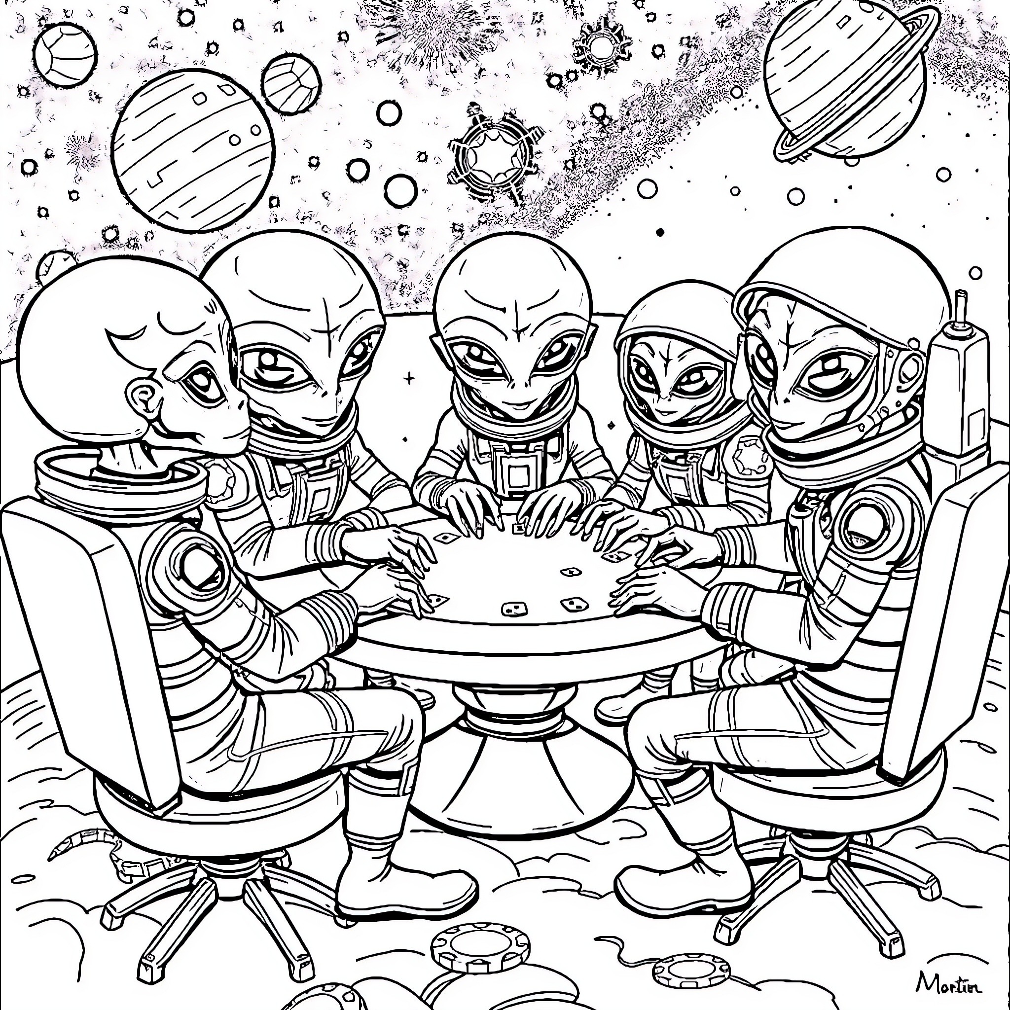 Alien Astronauts Discussing Space Mission Plans Coloring Page (free black-and-white line drawing printable PDF for all, from beginners to advanced learners, including children, teens, adults, and seniors)