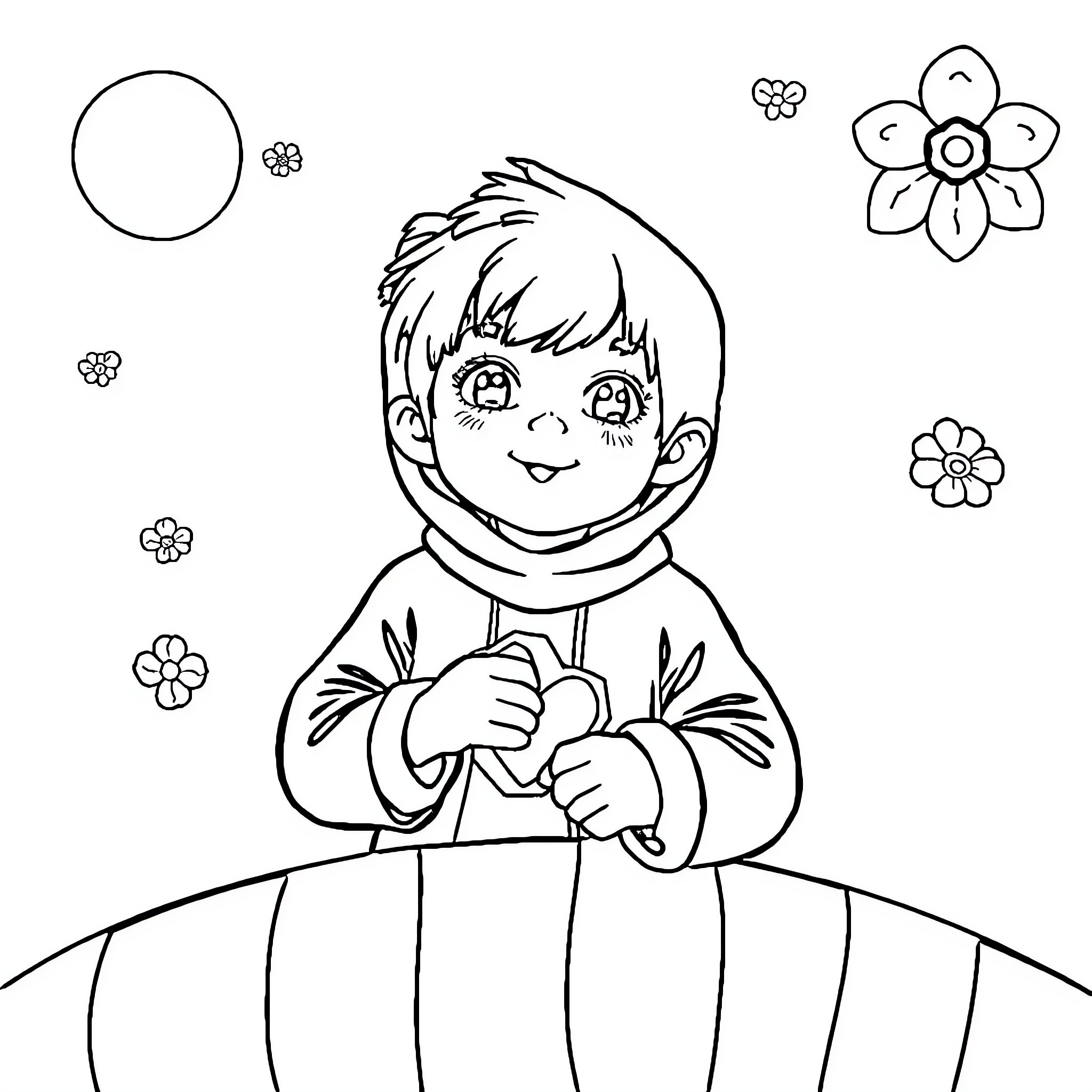 Book of a happy child with flowers Coloring Page (free black-and-white line drawing printable PDF for all, from beginners to advanced learners, including children, teens, adults, and seniors)