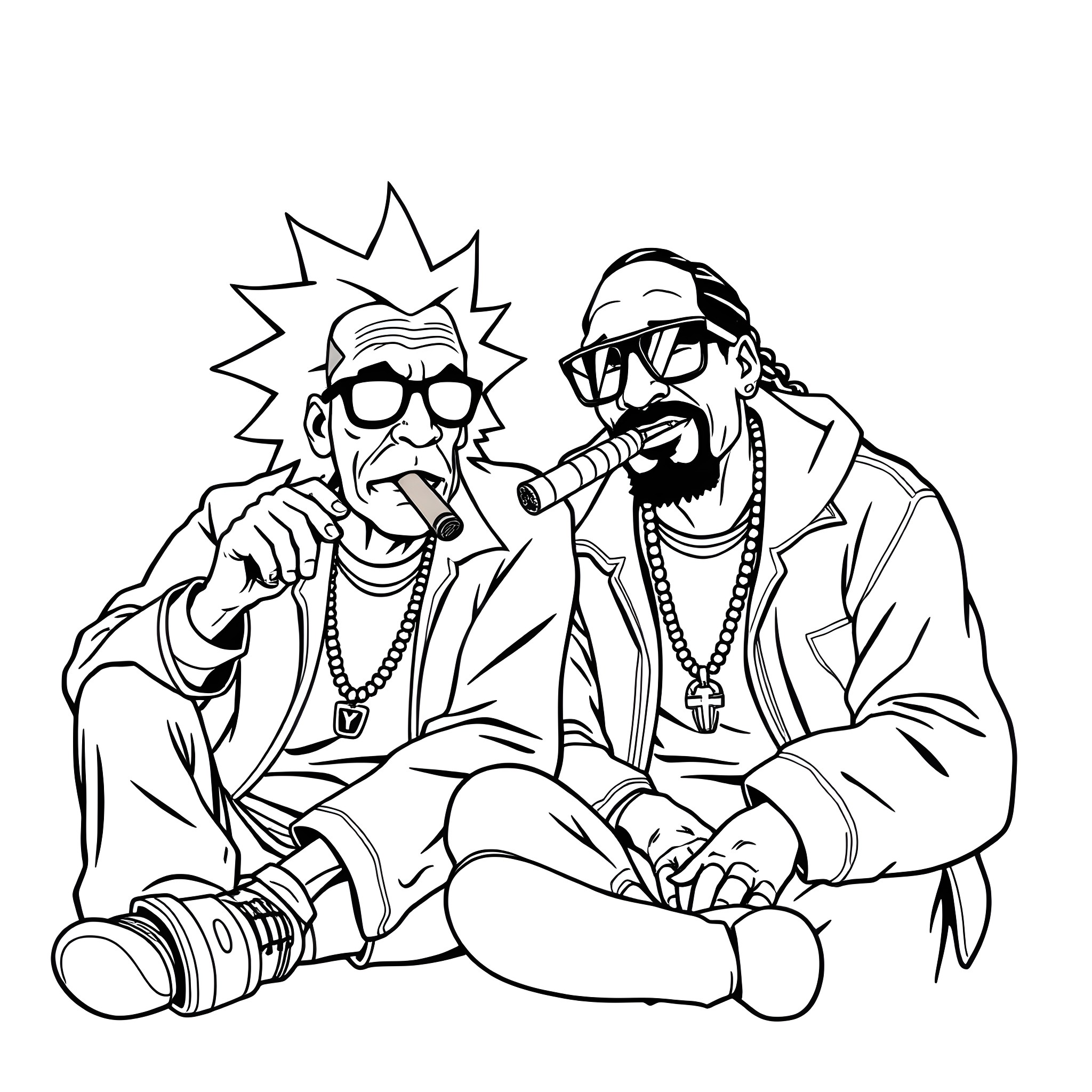 Rick Sanchez hanging out with Snoop Dogg Coloring Page (free black-and-white line drawing printable PDF for all, from beginners to advanced learners, including children, teens, adults, and seniors)